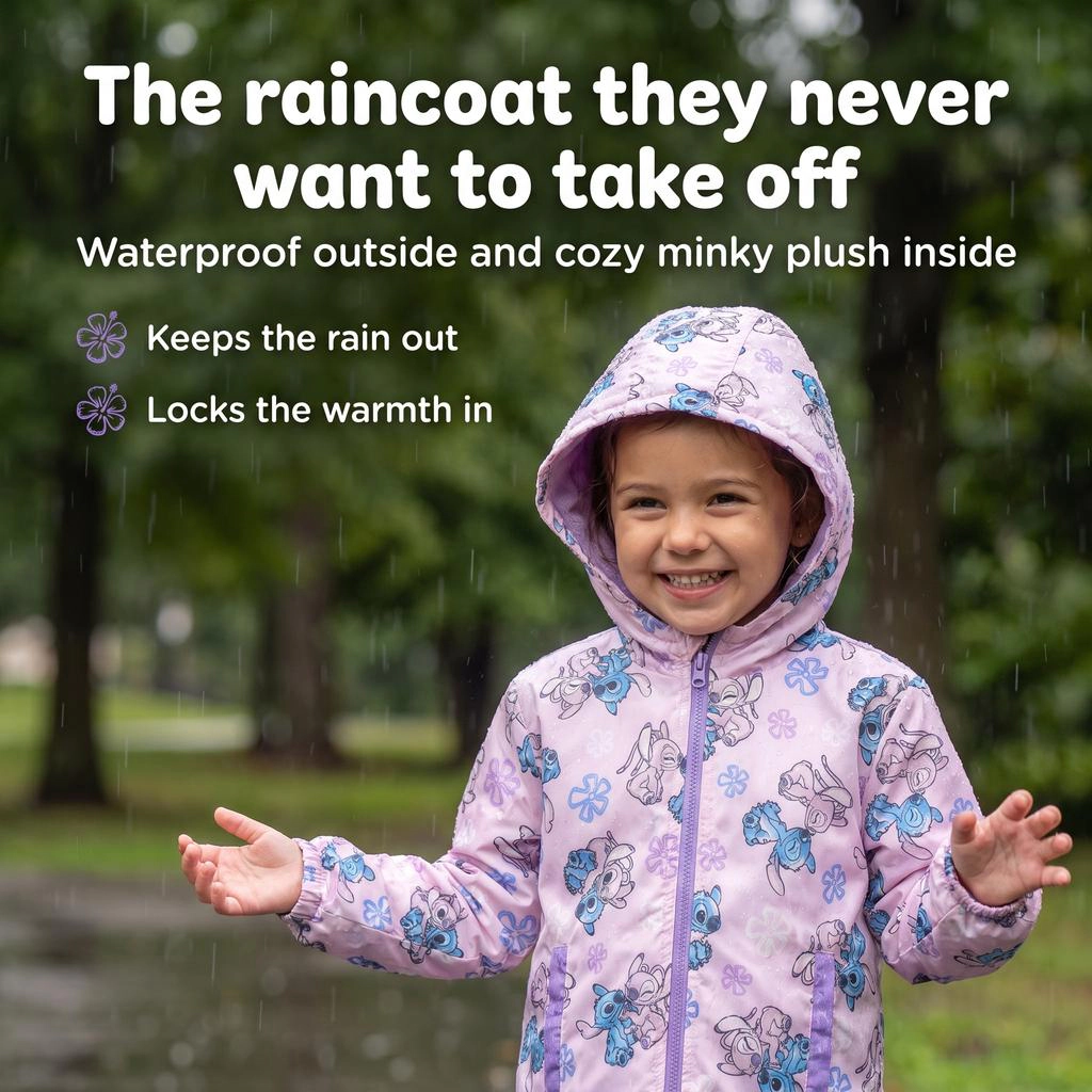 Disney Lilo & Stitch Girls' Hooded Zip-Up Rain Jacket
