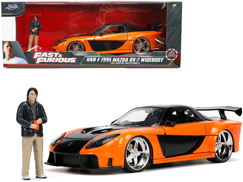Jada 1995 Mazda RX-7 Widebody RHD (Right Hand Drive) Orange Metallic and Black with Han Diecast Figurine "The