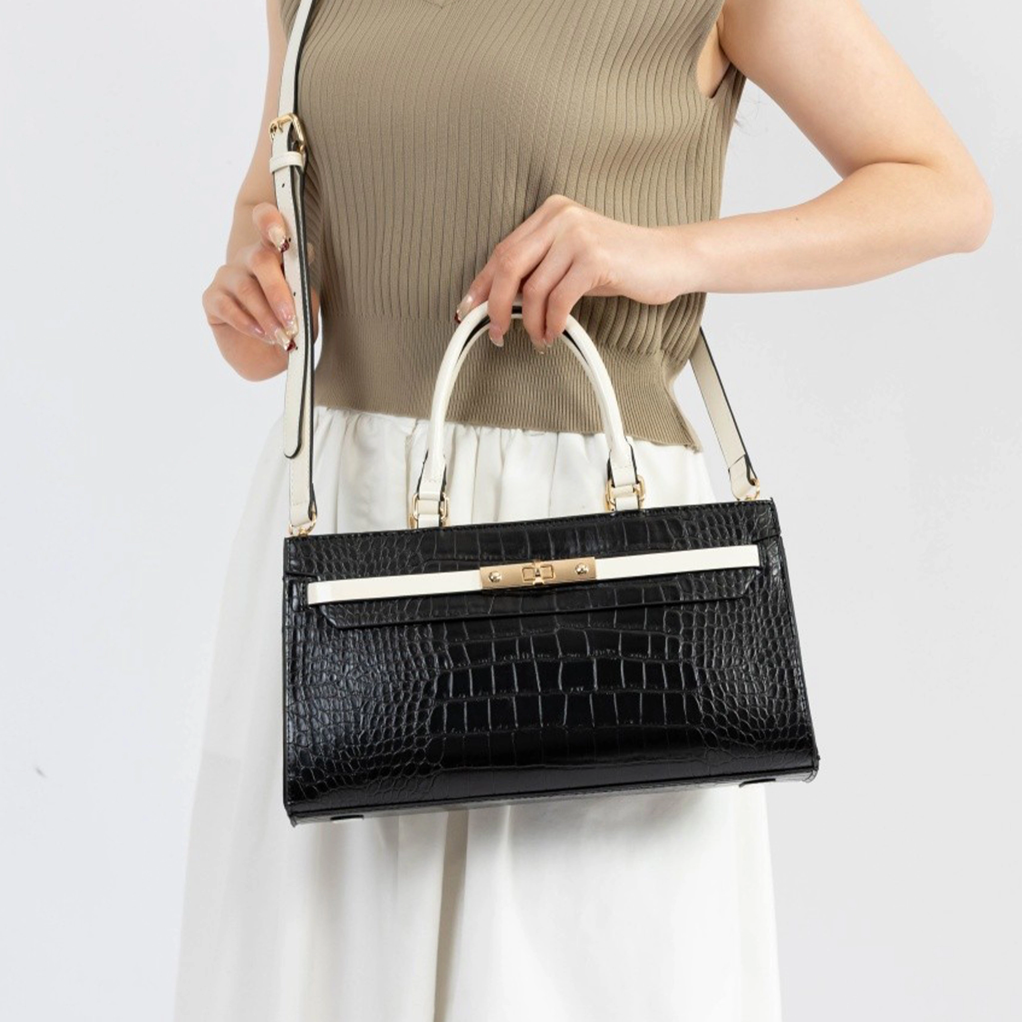 Faux Crocodile-Embossed Wide Satchel with Turn-Lock Clasp