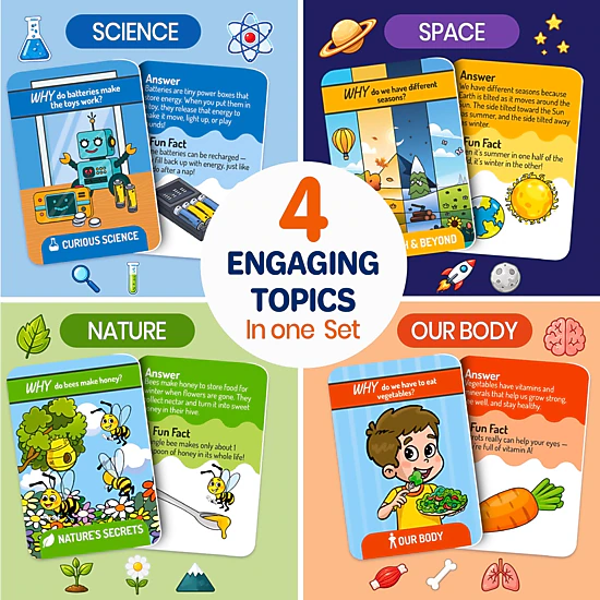 QUOKKA Why Questions Flash Cards for Kids Ages 4-7, 101 Question and Answer Cards on Science, Nature, Space and the Human Body