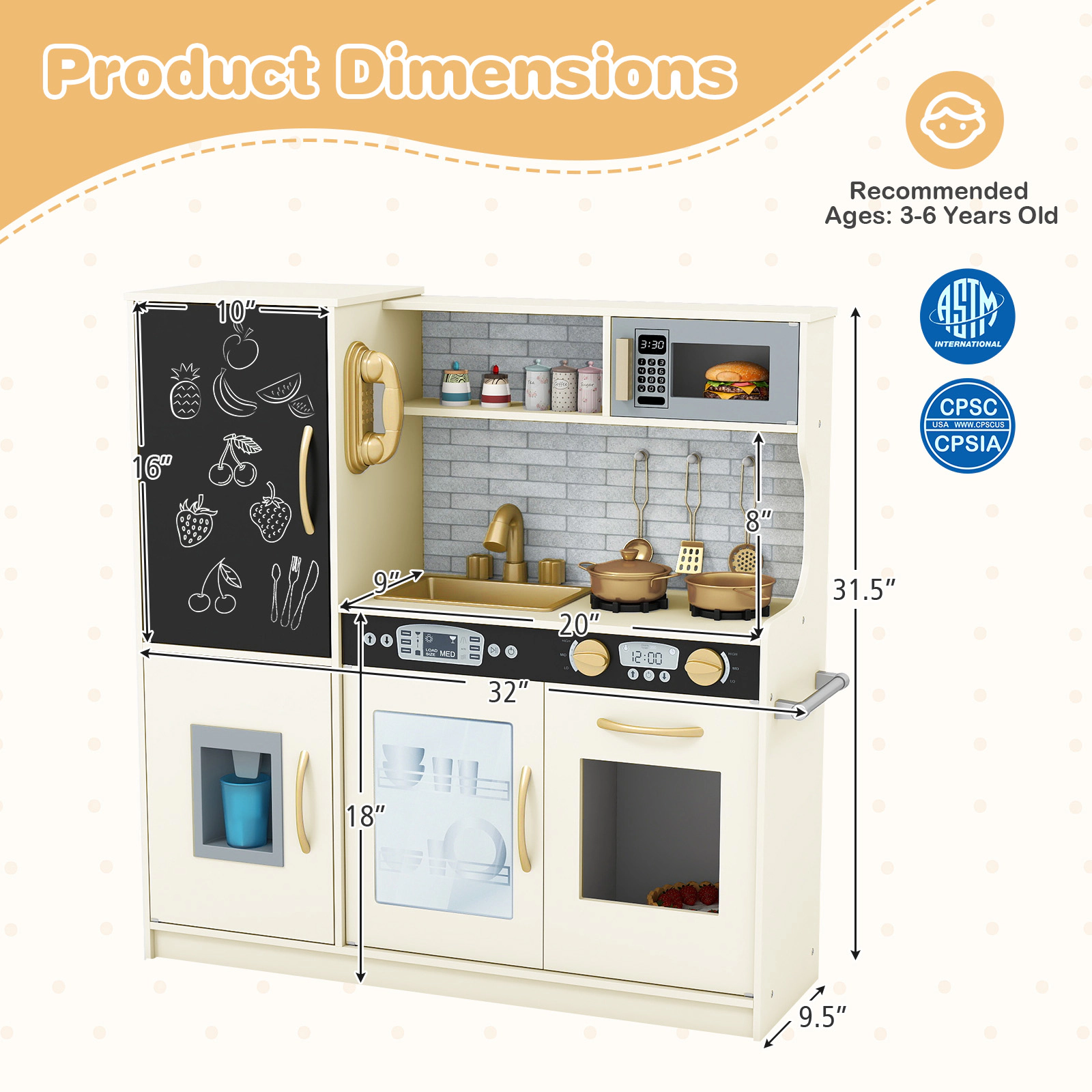 Pretend Play Kitchen Simulated Microwave Dishwasher Ice Maker Oven 32-in Toy Kitchen Playset Ages 3-6 Cream White