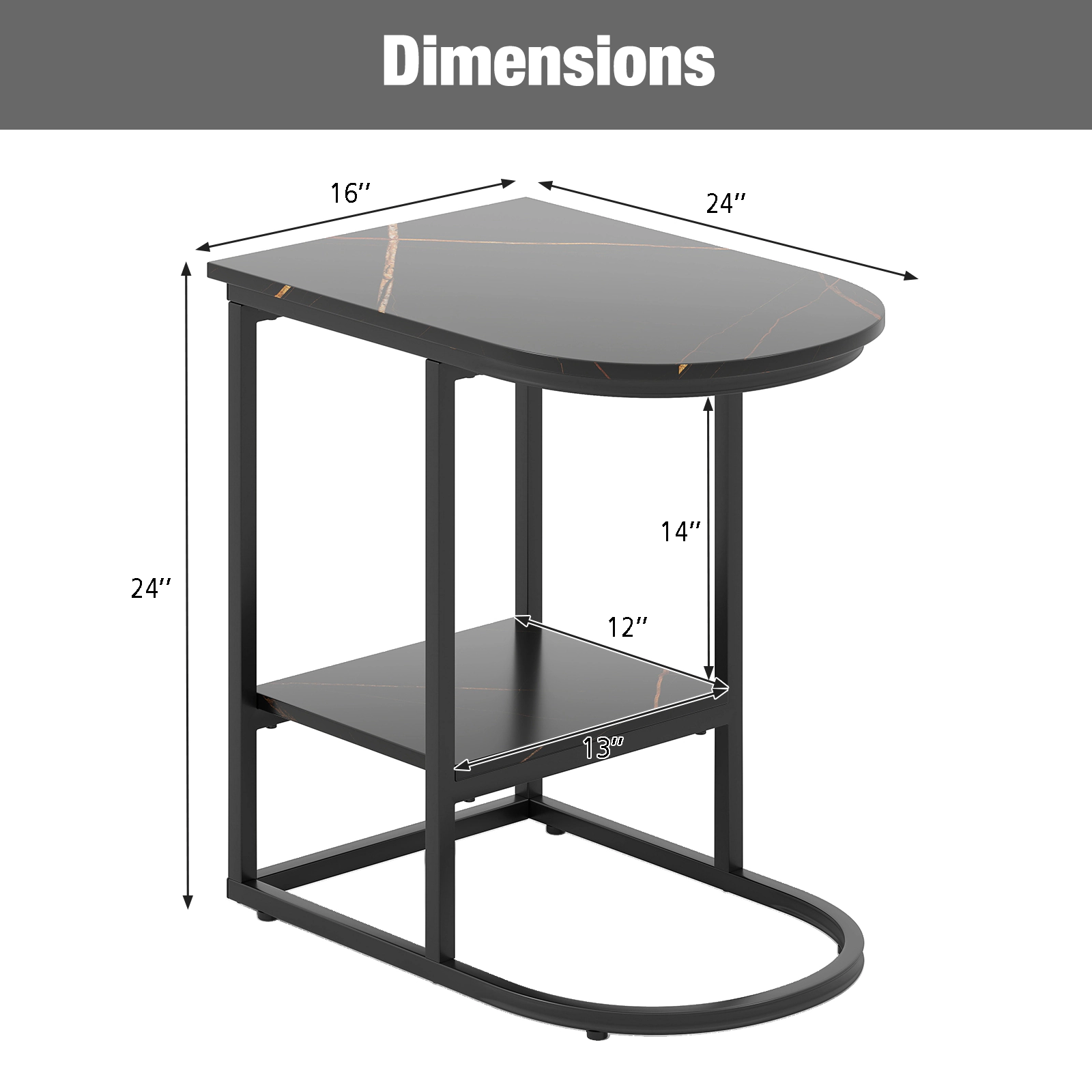 Glintex C-Shaped Side Table with Faux Marble Top and Low-Profile Metal Base