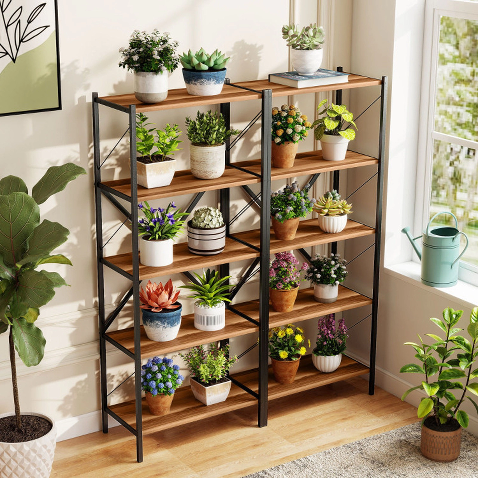 SUGIFT Walnut 5-Tier Tall Industrial Bookcase 62 in with Heavy-Duty Metal Frame