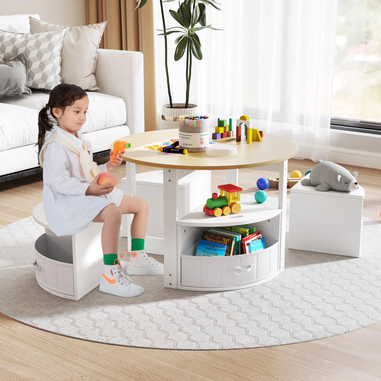 Hivvago 5 Piece Toddler Round Nesting Table With 4 Storage Stools For Activity
