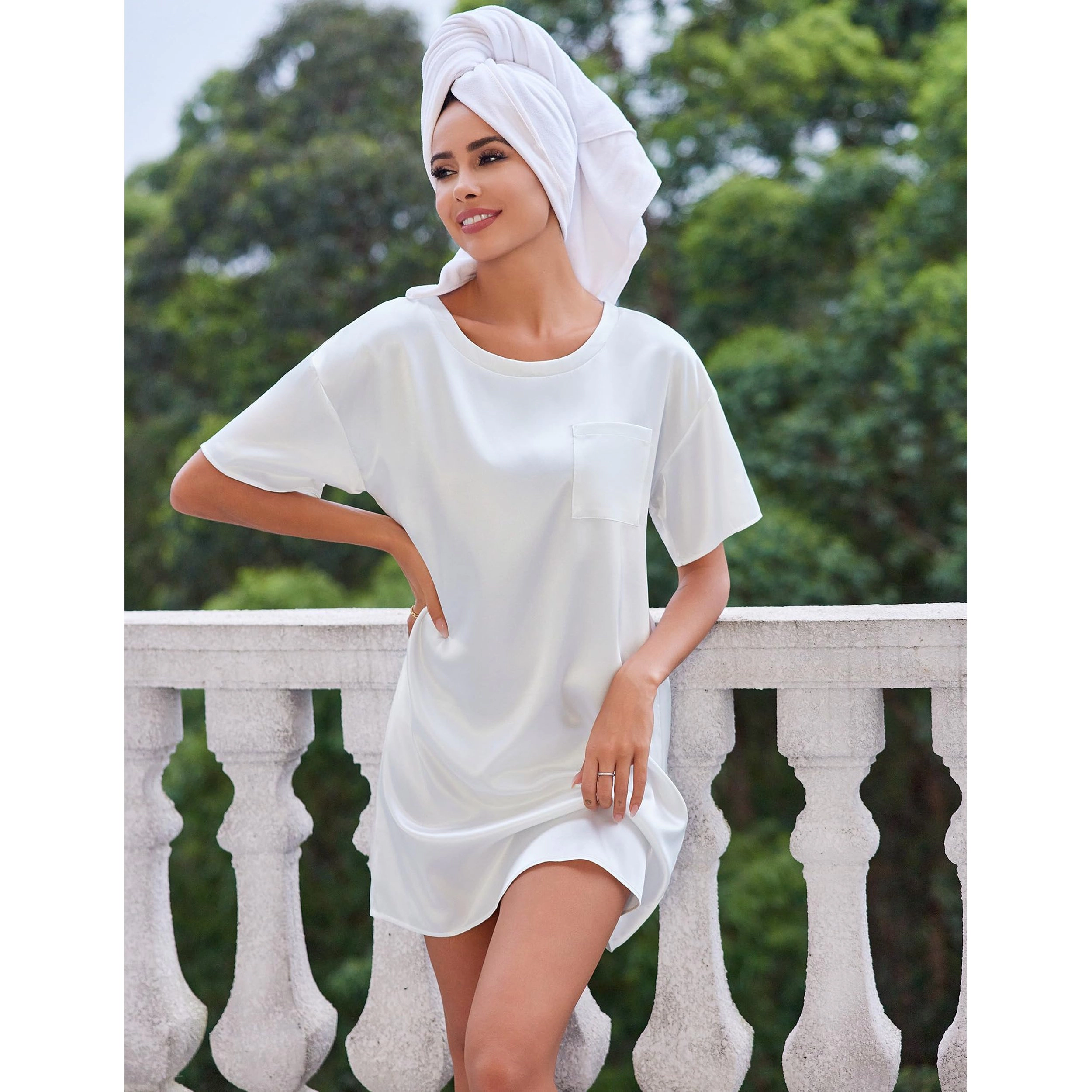 Ekouaer Sleep Shirts for Women Satin Nightshirt Tshirt Nightgown Sleepwear Shirt Dress With Pocket