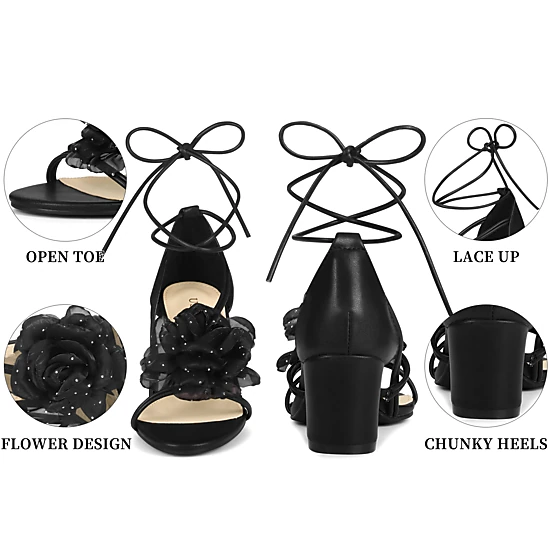 BLISSFUL STEP Women's Flowers Rhinestone Strappy Lace Up Chunky Heel Sandals