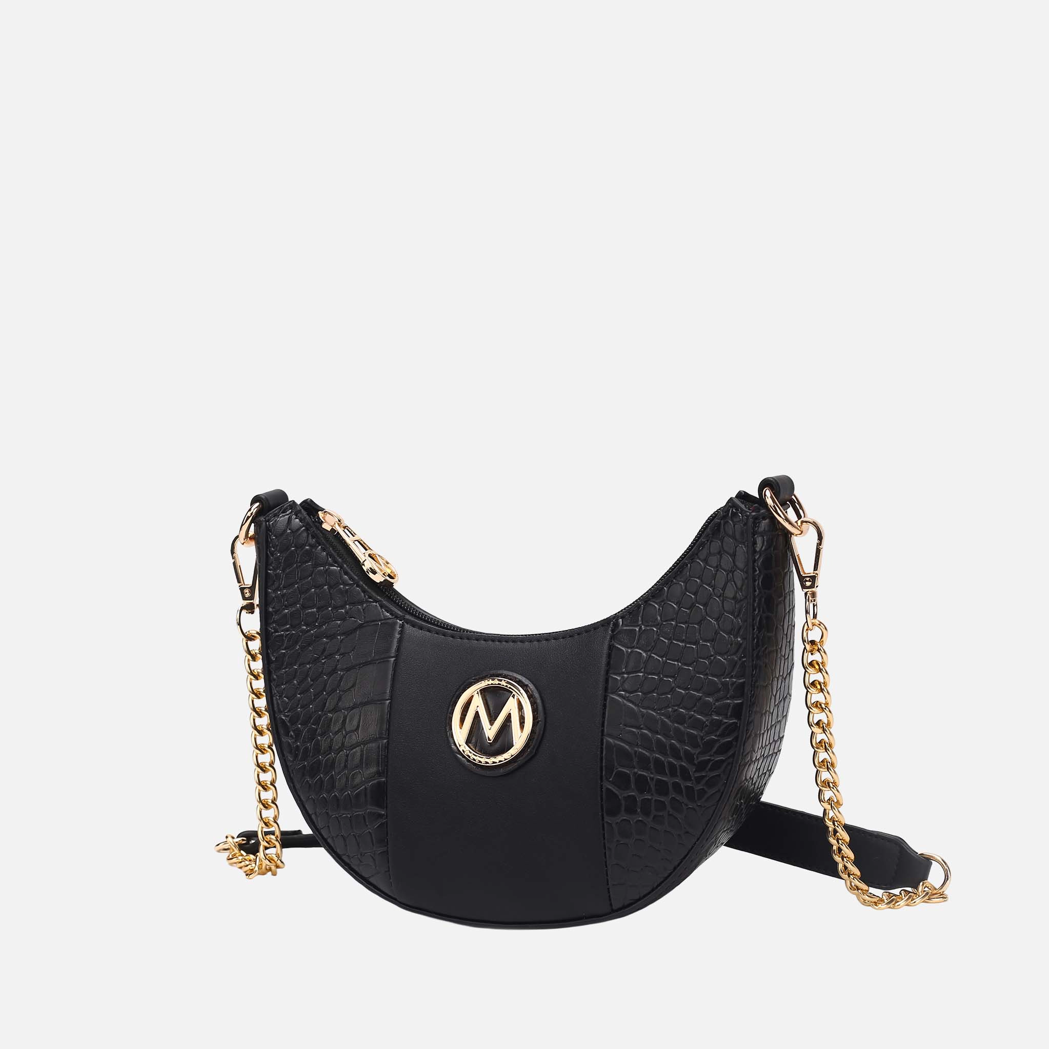 Mia K Collection Amira Crescent Vegan Leather Shoulder Bag - Croc-Embossed Half-Moon with Chain Strap