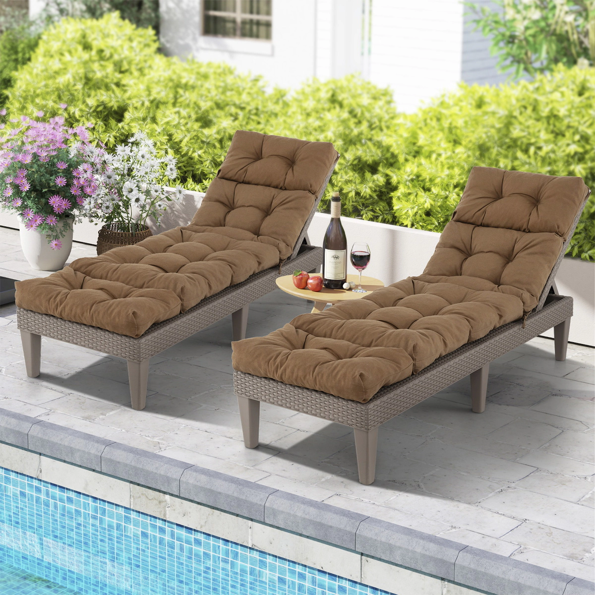 SUGIFT Outdoor Lounge Chaise Cushion with String Ties 73-in Long 4-in Thick Polyester Cotton Garden Poolside Brown