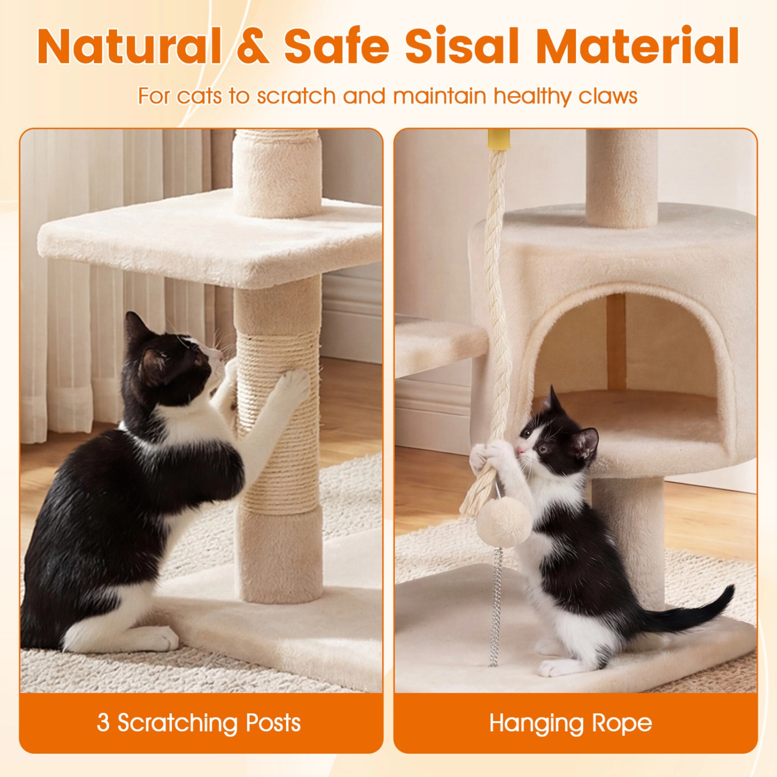 SUGIFT Beige 36 in Kitten Tower with 11.5 in Condo Raised Edge Perch and 3 Posts