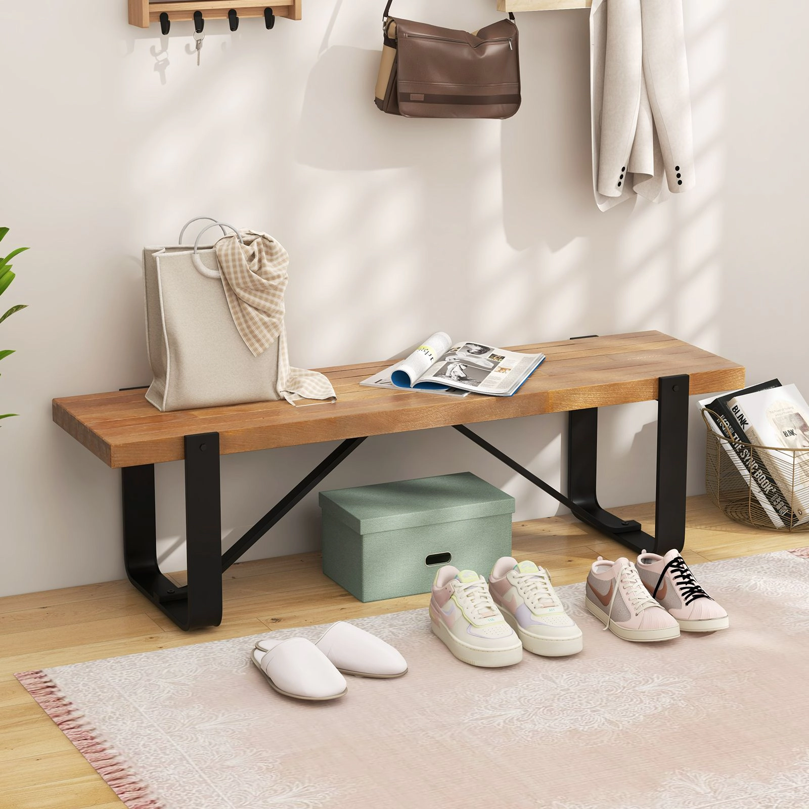 SlickBlue Unisex Rustic Farmhouse Entryway Bench with Metal Frame