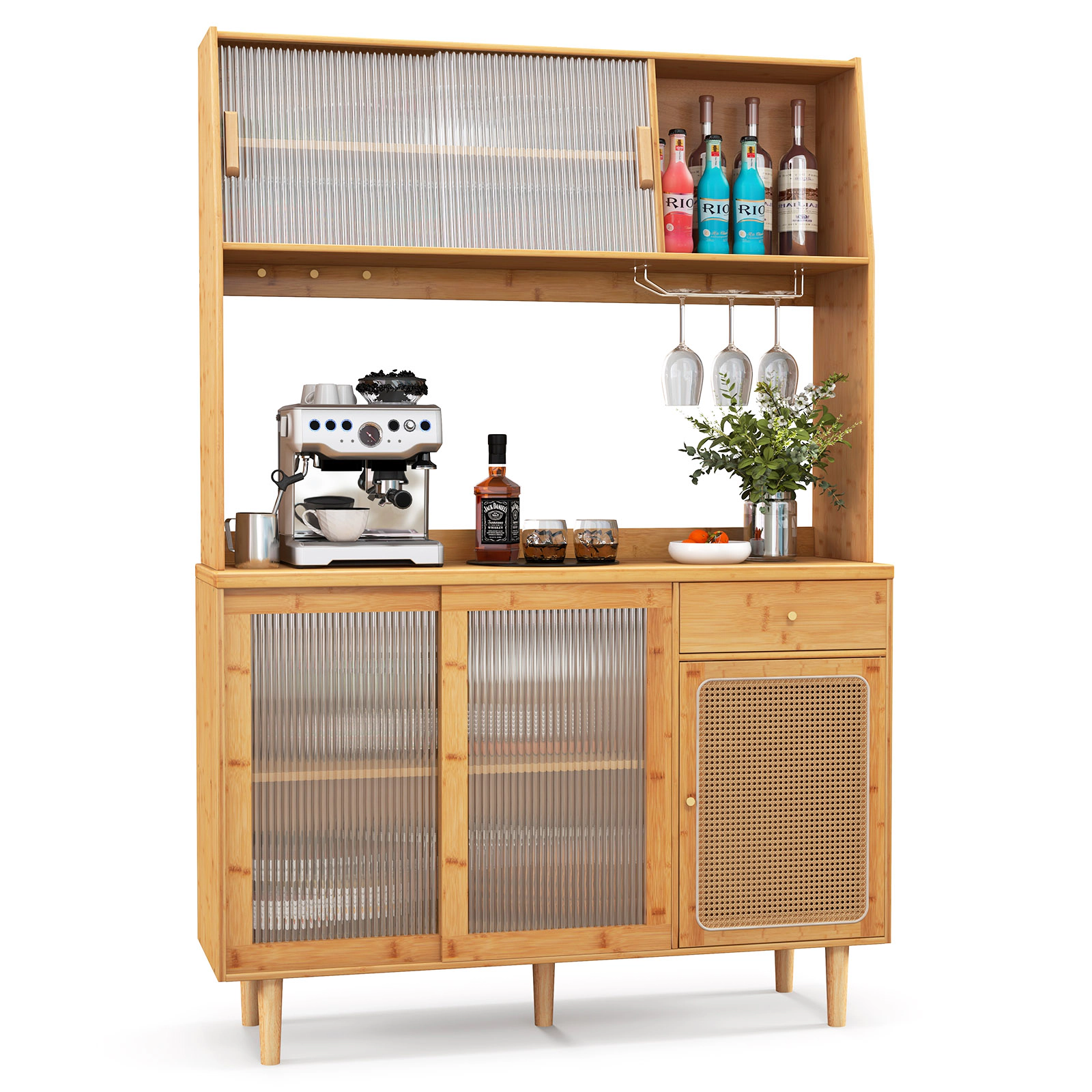 SUGIFT 69-in Bamboo Sliding Glass Doors Rattan Door Wine Bar Kitchen Cabinet 47-in x 14-in 110-lb Capacity Natural