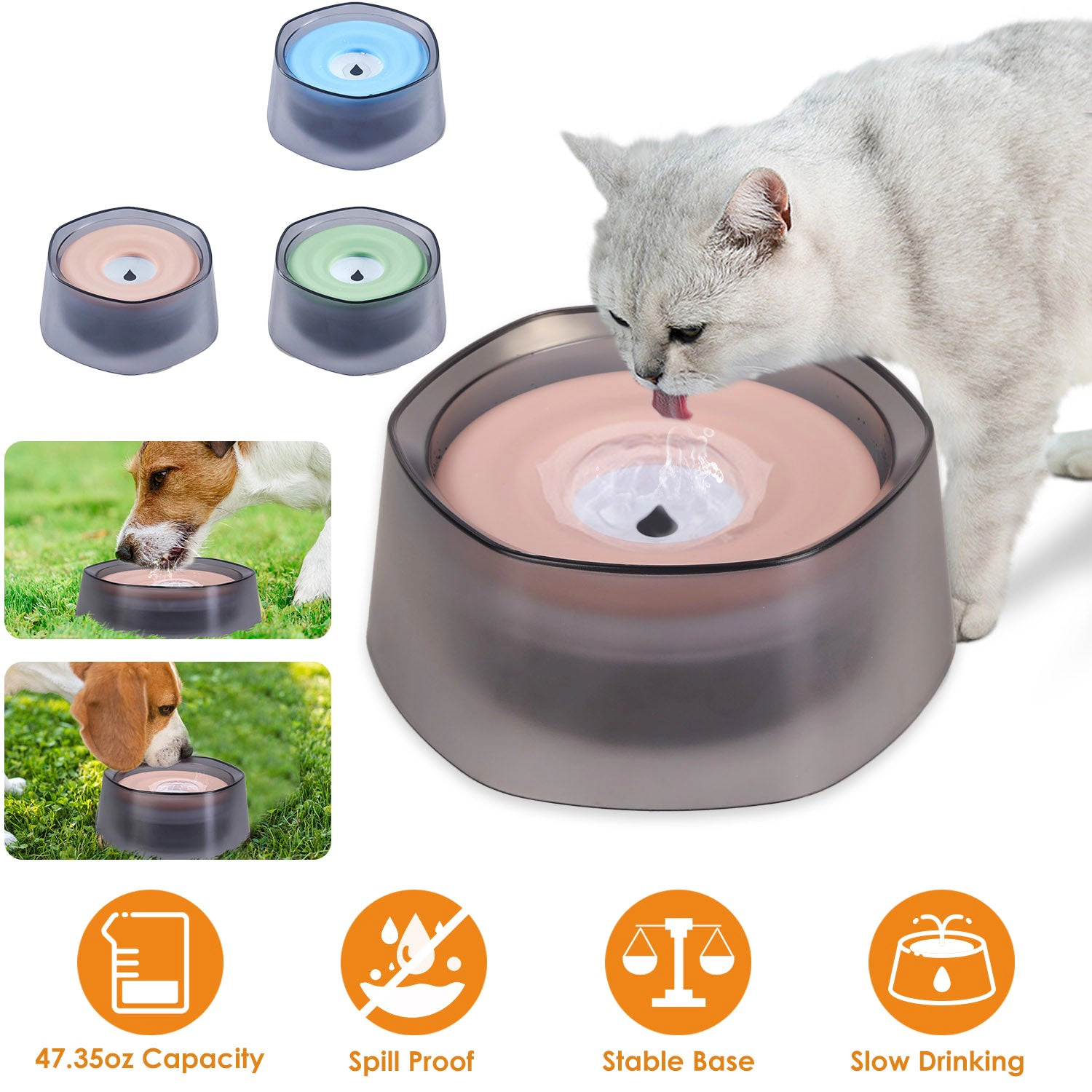 GBruno No-Spill Slow Water Feeder Pet Bowl 47oz