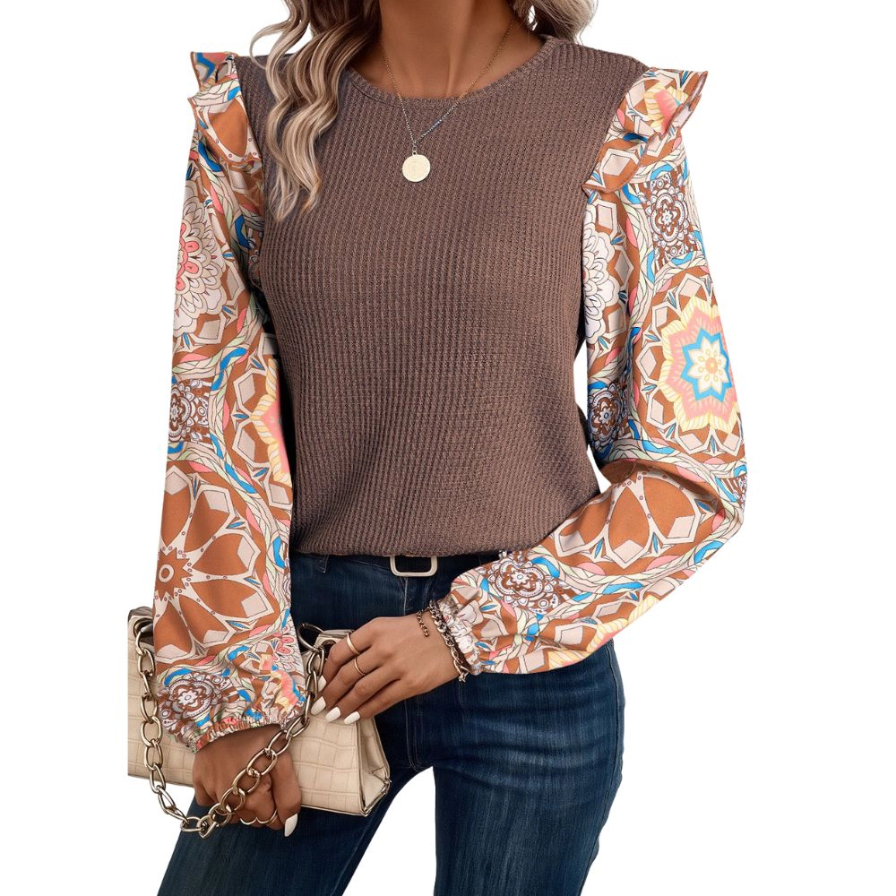Sol Living Womens Ruffled Floral Sleeve Patchwork Waffle Knit O Neck Blouse