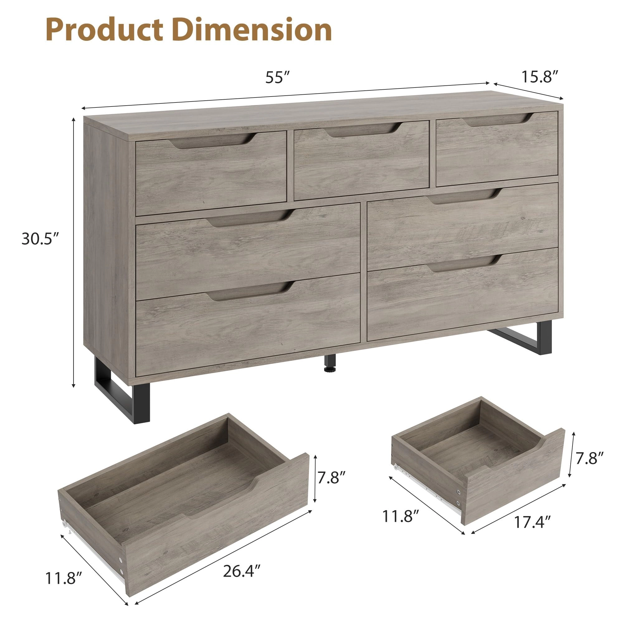 7 Drawer Dresser for Bedroom, 55" Wide Freestanding Wooden Storage Chest Living Room