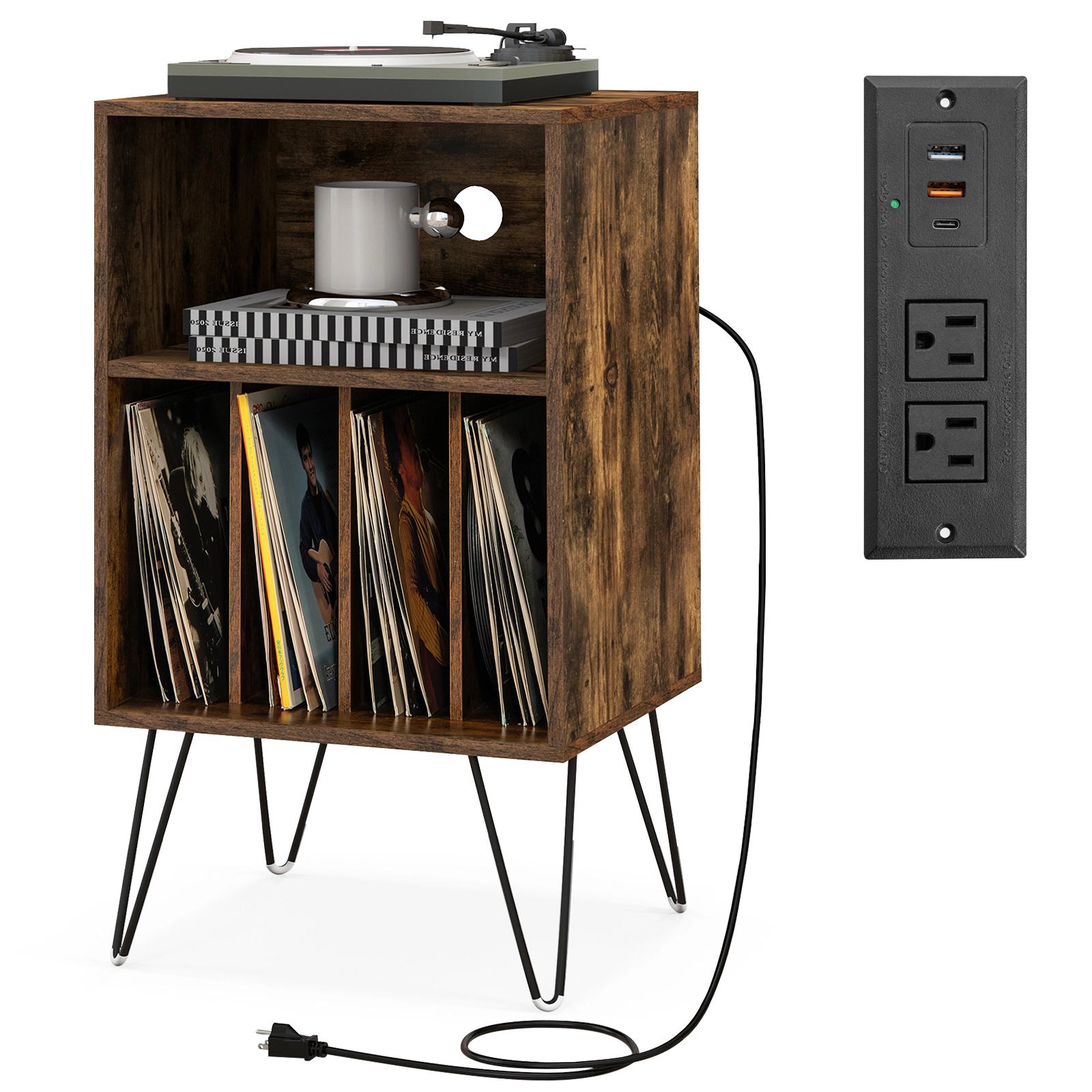 SUGIFT 3-Tier Record Player Stand with Charging Station Accent Table 110-lb Top Capacity Rustic Brown