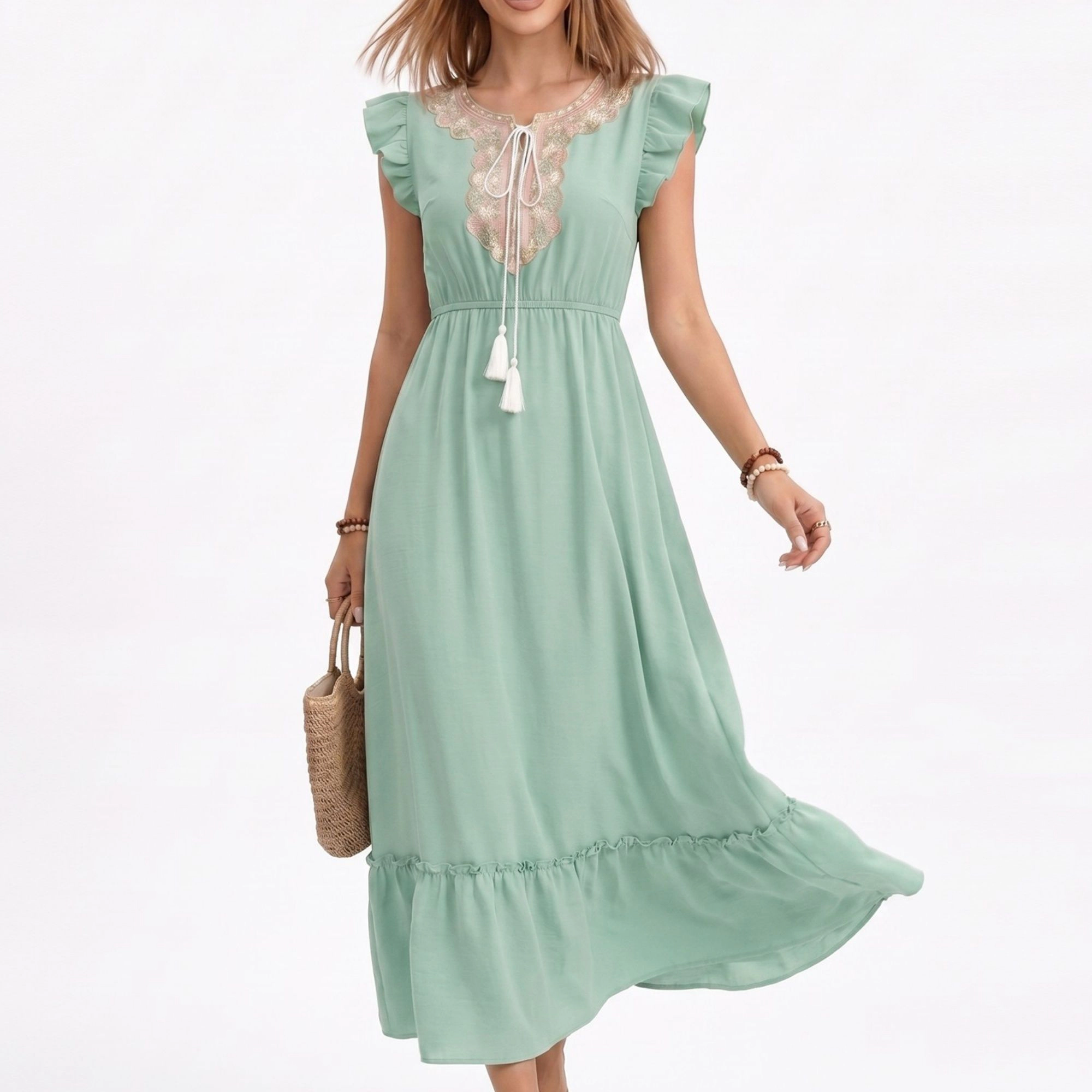 Anna-Kaci Women's Ruffle Sleeve Tie Neck Embroidered Trim Maxi Dress