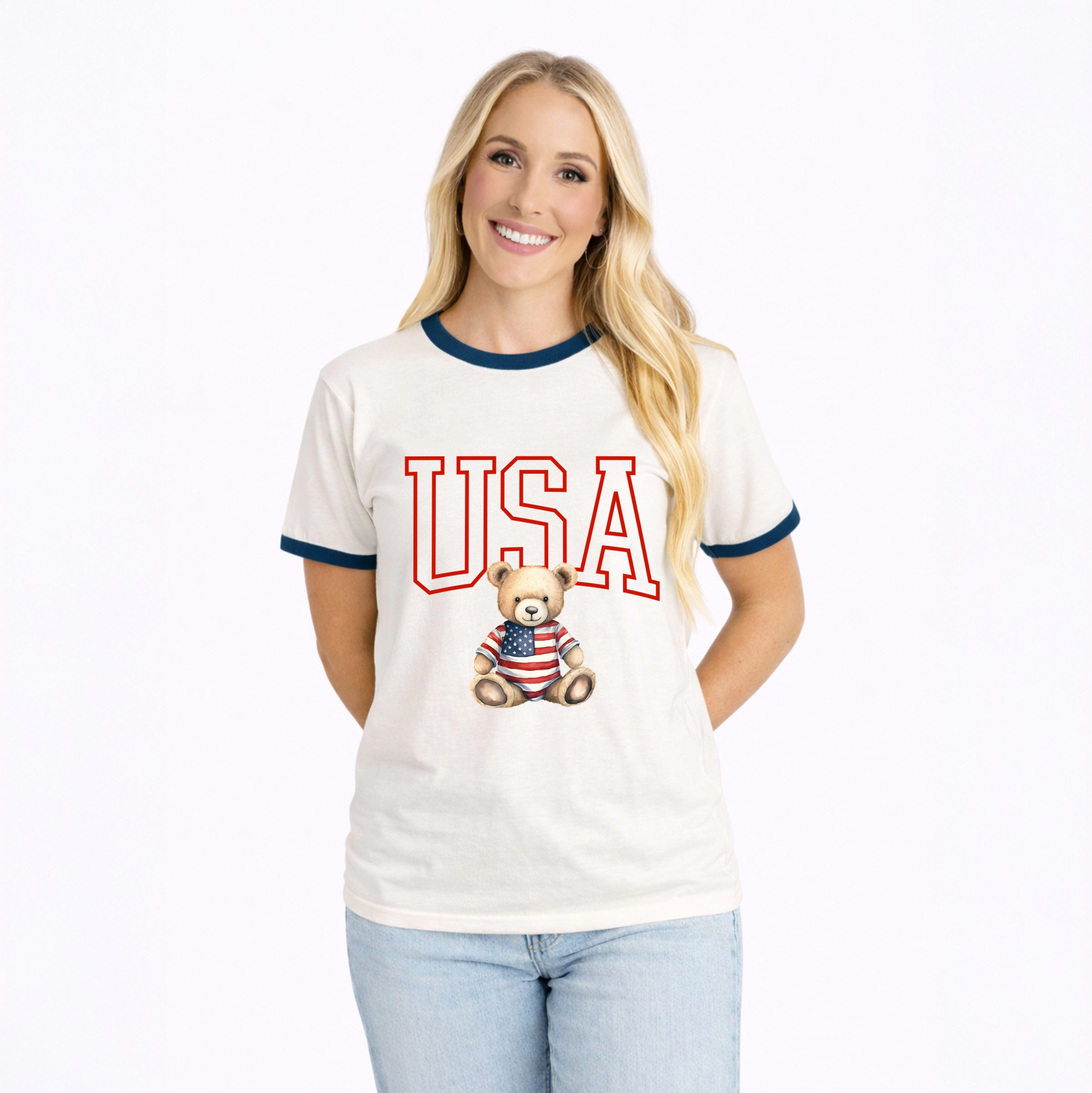 Simply Sage Market - USA Bear Women's Ringer Graphic T-Shirt