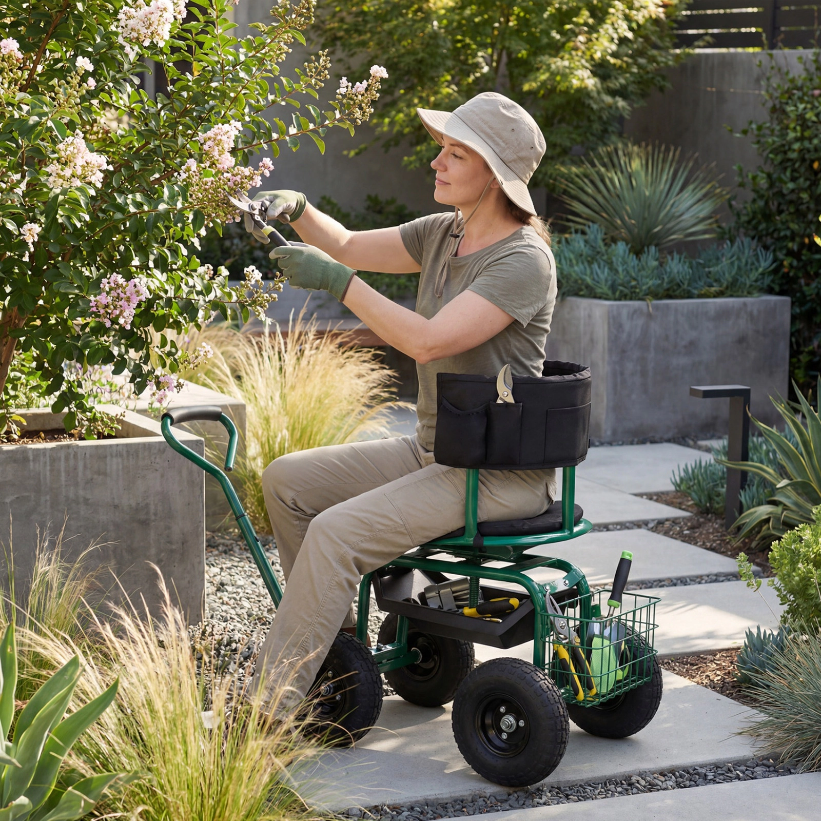SUGIFT Red Rolling Garden Cart Scooter with Cushioned Seat and Adjustable Steering Handle 37-in W 18-in D