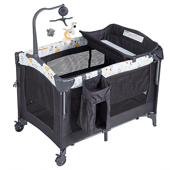 SUGIFT 3-in-1 Convertible Portable Baby Playard with Music Box and Wheels 33-lb Capacity Ages 0-36 Months Dark Gray