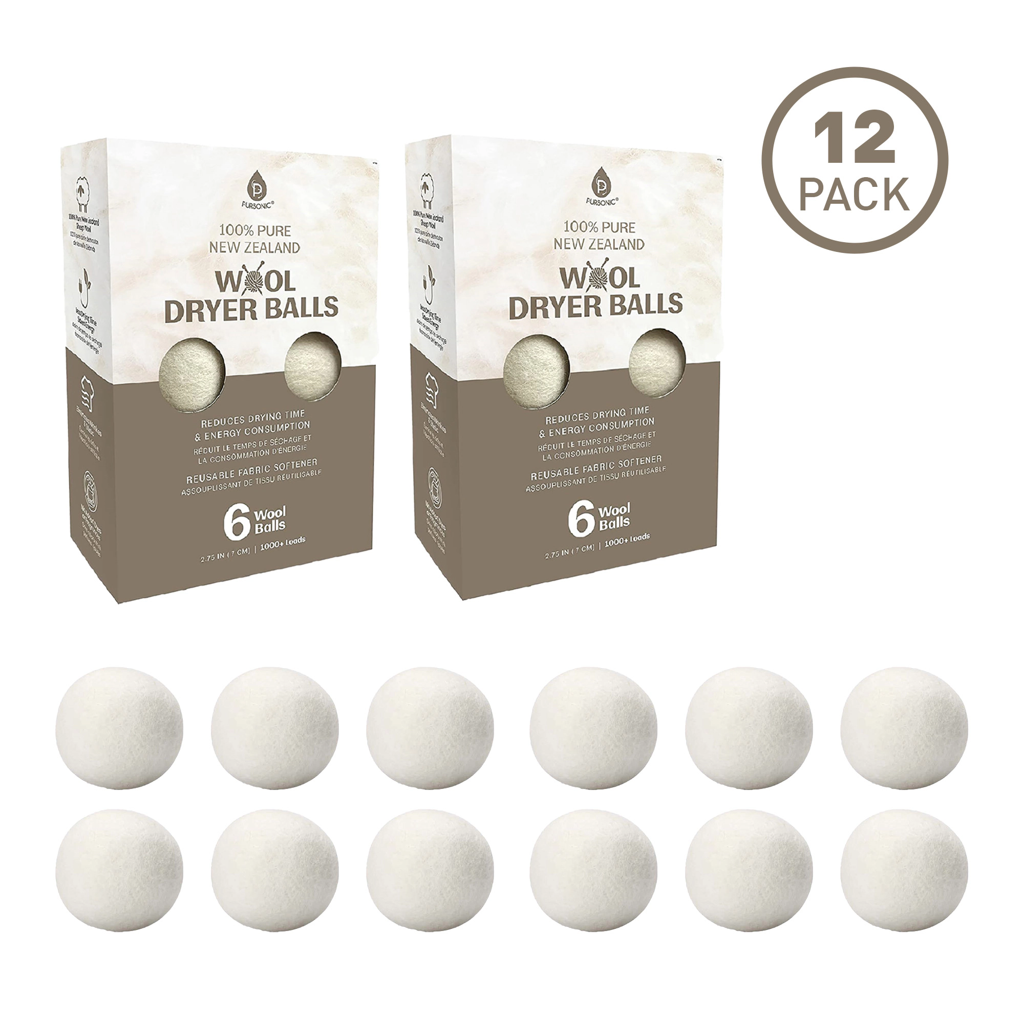 Pursonic Unisex 100% Pure New Zealand Wool Dryer Balls – 12 Pack