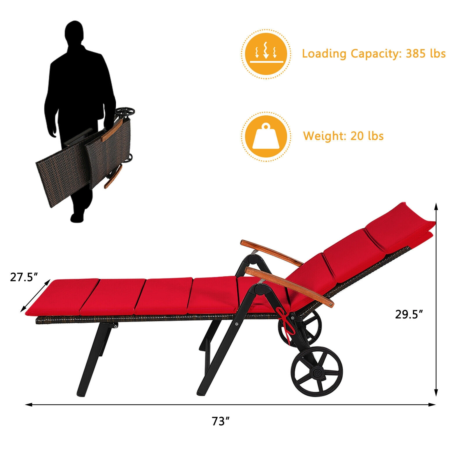 SUGIFT 10 in Wheels 7 Tilt Positions 385-lb Red Folding Patio Rattan Lounge Chair