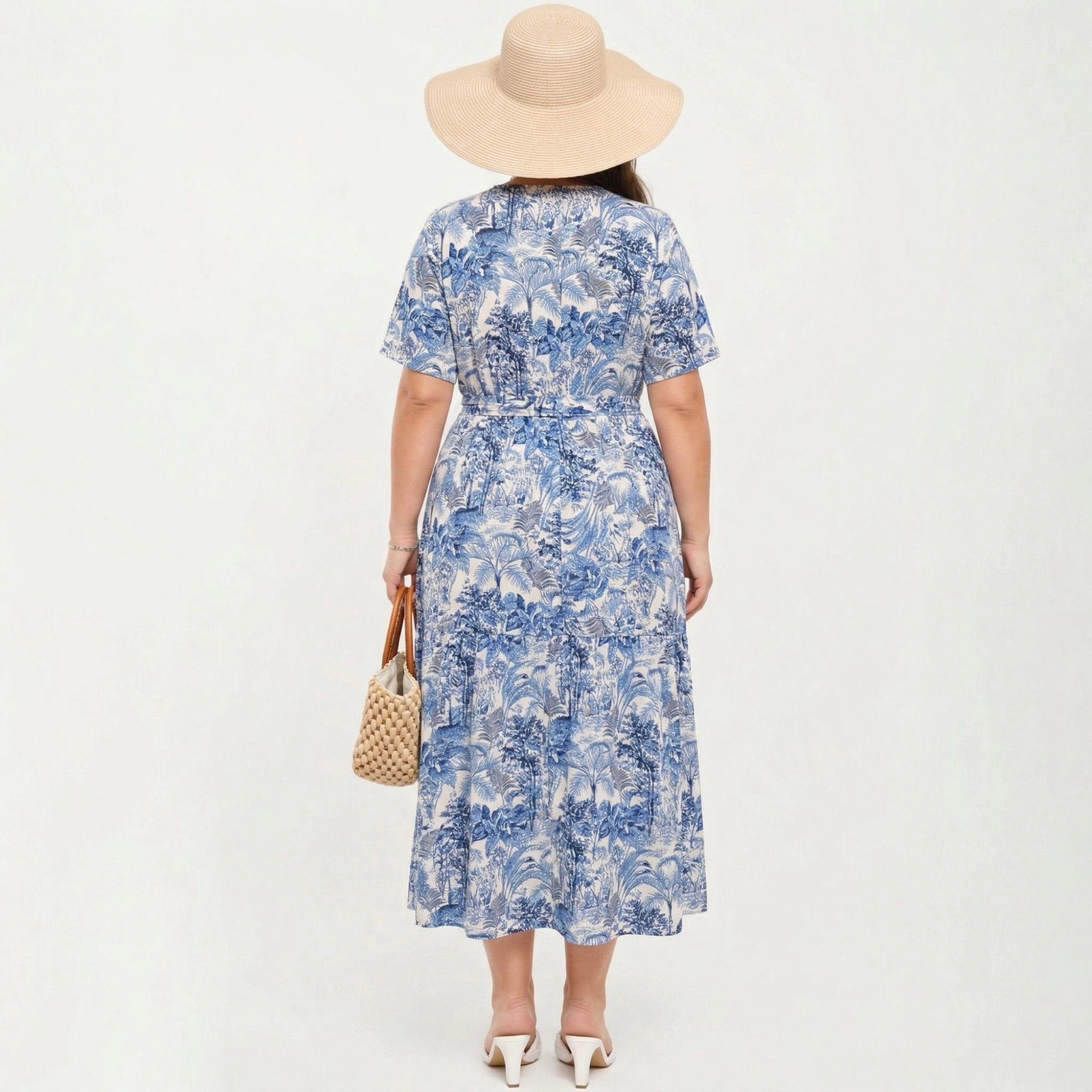 Anna-Kaci Women's Short Sleeve V Neck Waist Tie Belt All Over Print Flowy Fit Midi Dress