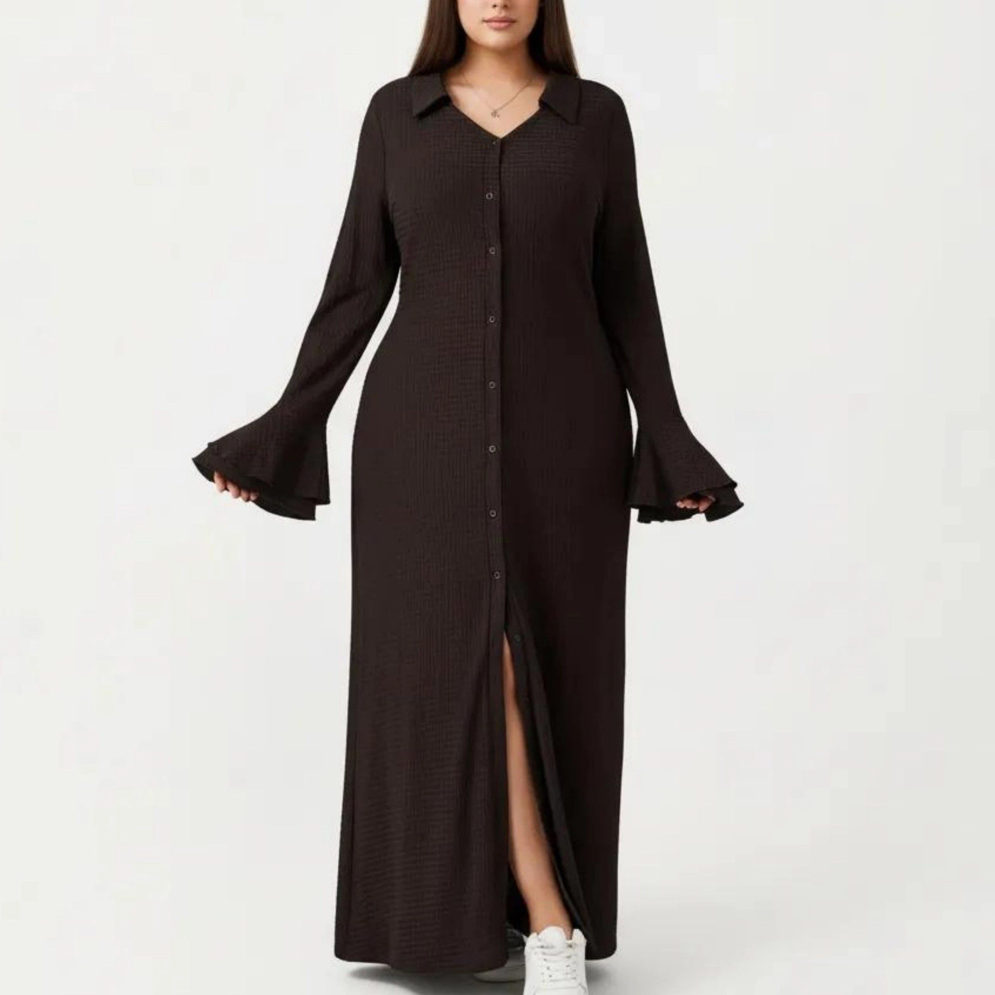 Anna-Kaci Women's Long Sleeve Button Down Collar Neck Flare Detail Front Slit Relaxed Fit Maxi Dress