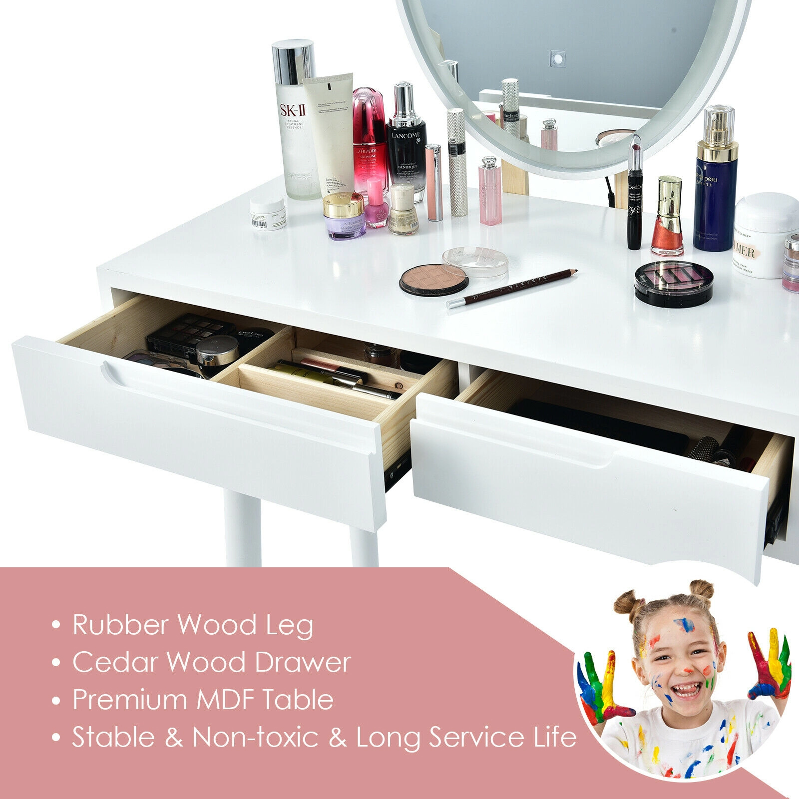 SUGIFT Vanity Table and Stool Set White with Touch Screen Dimmable Lighted Mirror