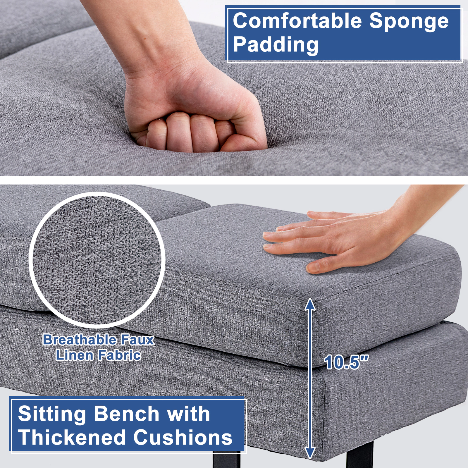 SUGIFT Waiting Room Bench Seating Long Bench with Metal Frame 660-Lb Capacity 3-Seat Faux Linen Cushion Gray/Black