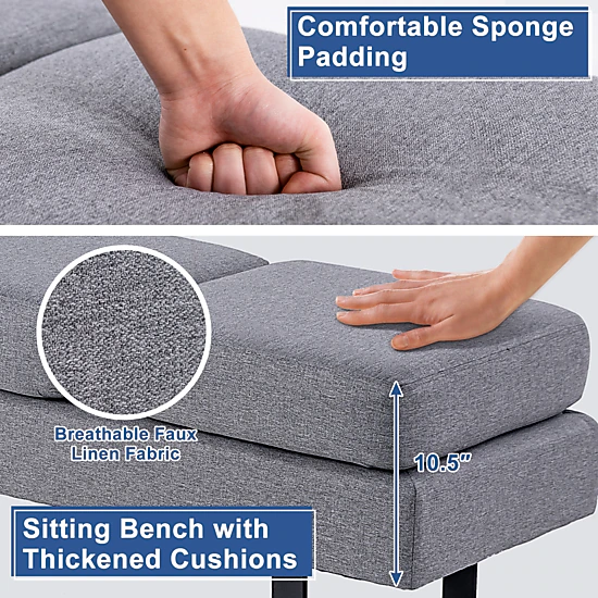 SUGIFT Waiting Room Bench Seating Long Bench with Metal Frame 660-Lb Capacity 3-Seat Faux Linen Cushion Gray/Black