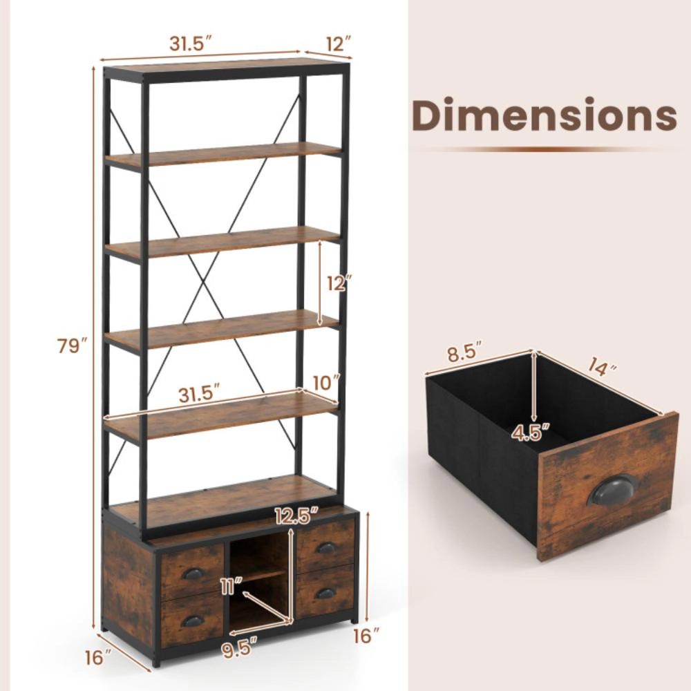 Hivvago 8-tier Bookshelf with 4 Fabric Drawers  and Heavy-duty Metal Frame-Coffee
