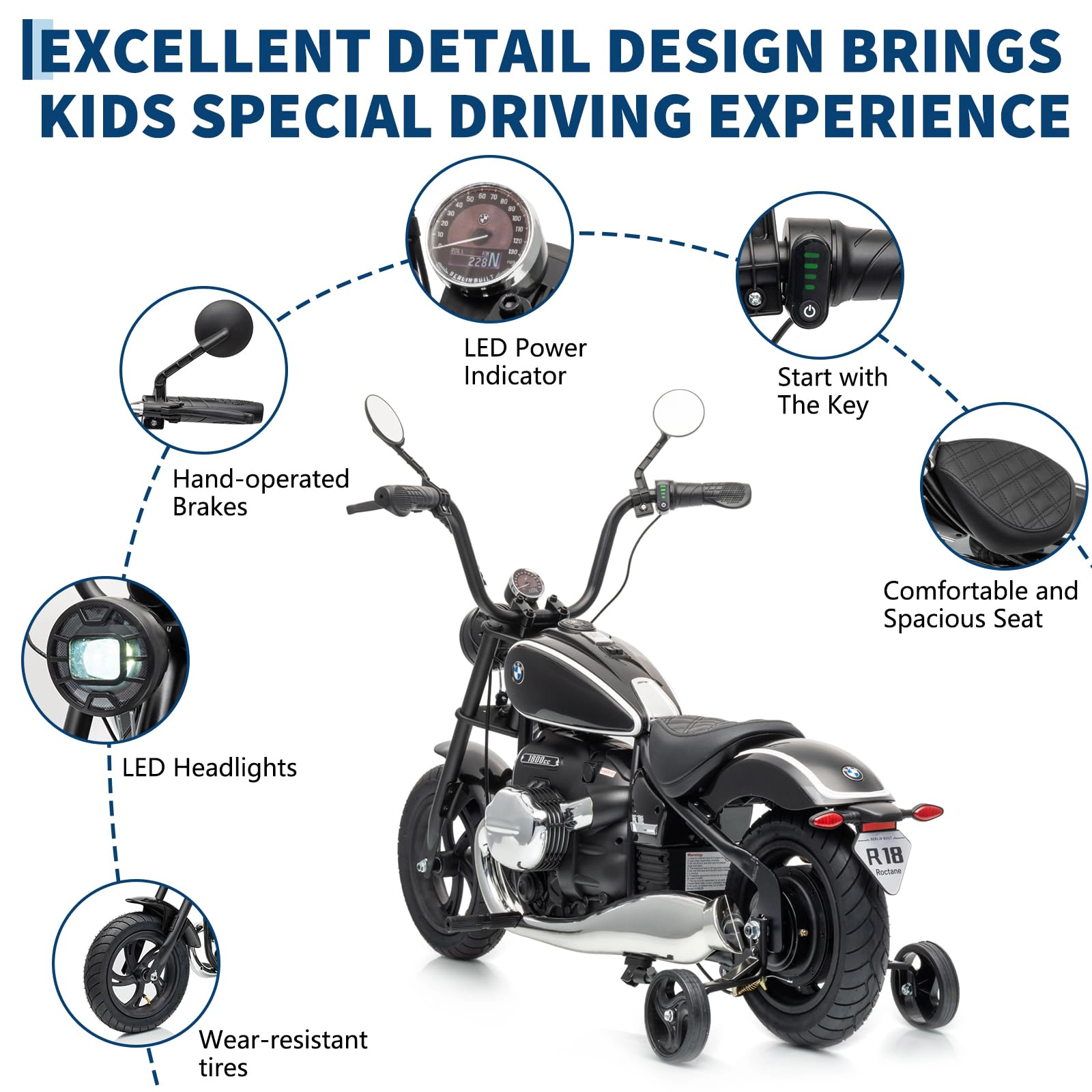 24V Kids Electric Motorcycle with Training Wheels, Adjustable Speed Ride On Bike for Ages 6+, Max 143lbs Load Capacity