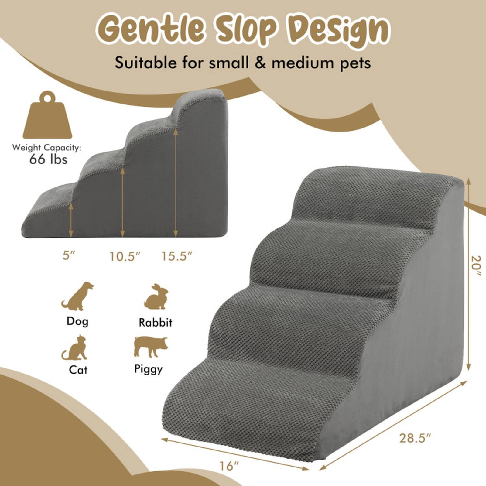 SUGIFT 28.5 x 20-in 132-lb Capacity Gray 4-Tier Foam Non-Slip Dog Steps Pet Stairs with Washable Zippered Cover