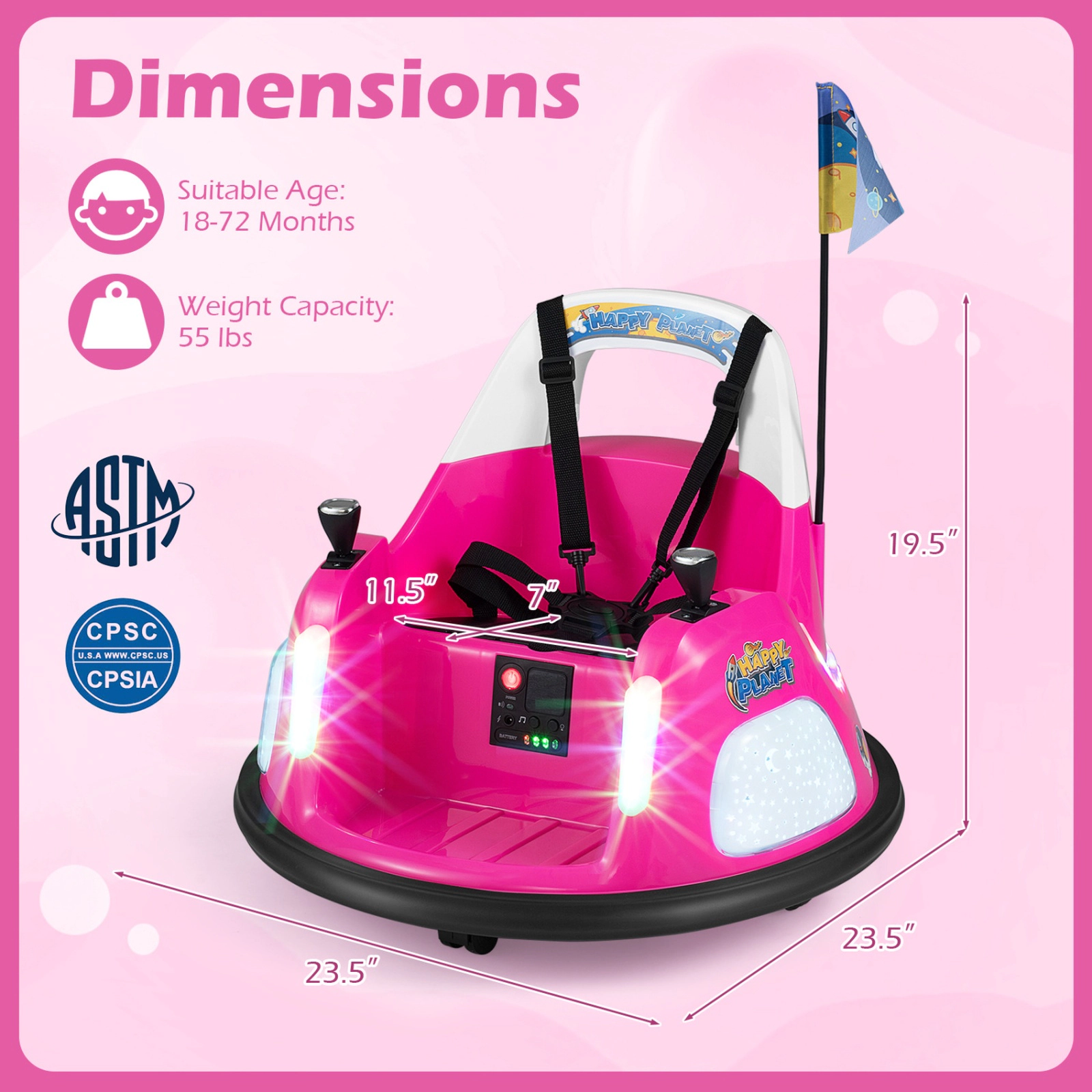 SUGIFT 12V Ride On Bumper Car with Remote Control and Flashing Lights 55-lb Capacity Ages 18-72 Months 23.5-in Wide Pink