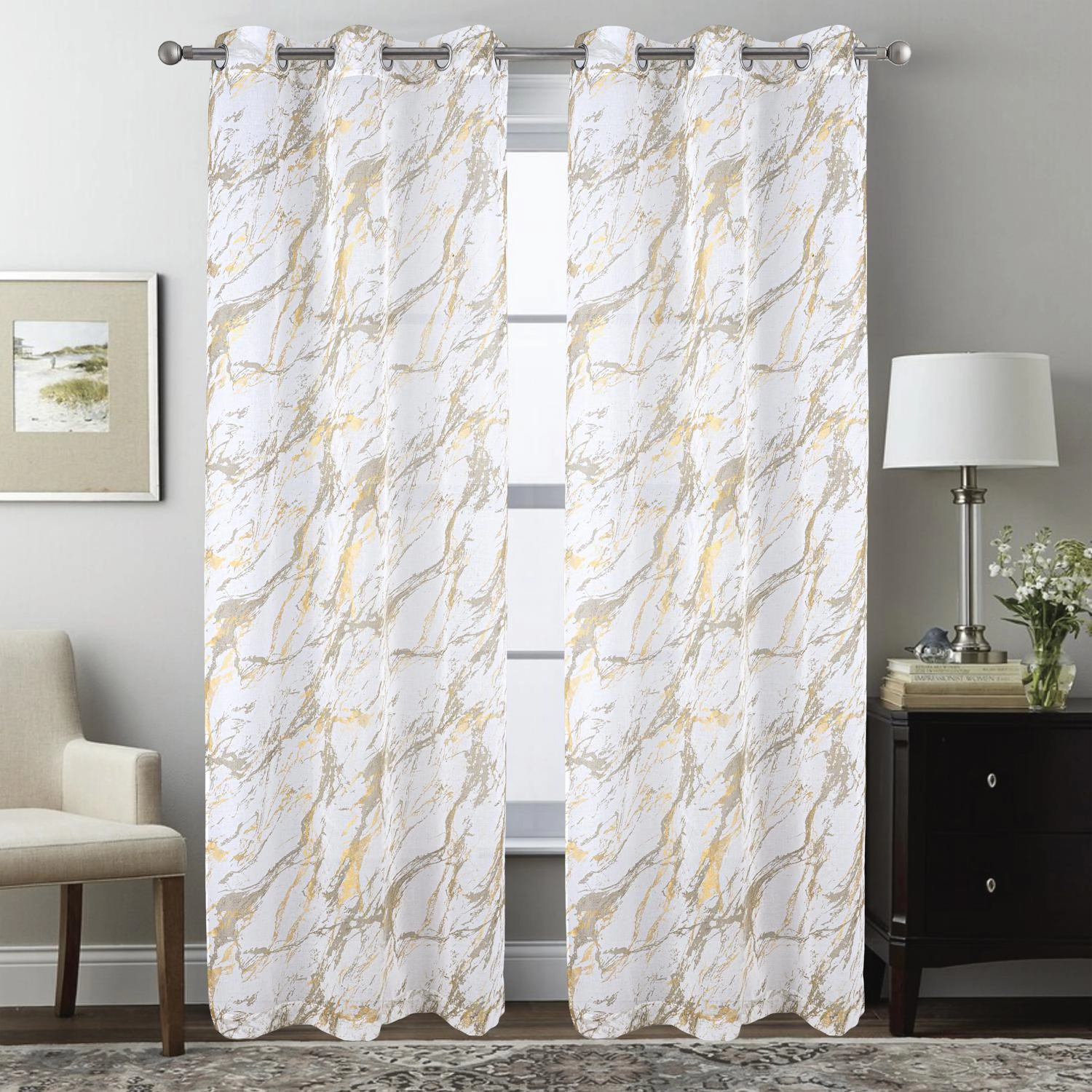 RT Designers Collection Marble Grommet Metallic Sheer Printed Doily Curtain Panel 54" x 90" Taupe