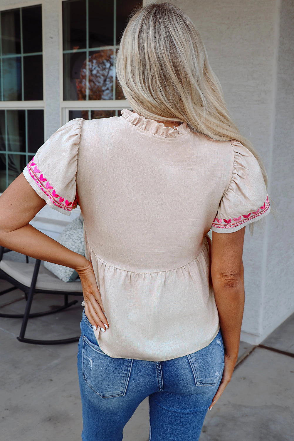 Threaded Pear Women's Jaliyah Floral Embroidered Notched V Neck Blouse
