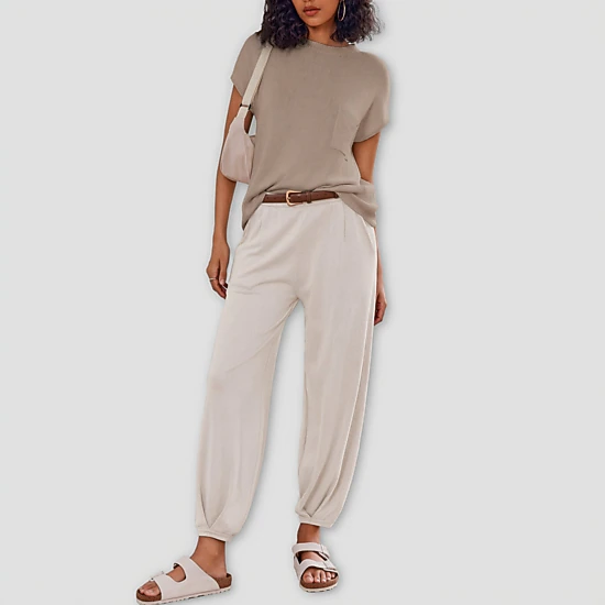 Ekouaer 2 Pc Outfits Lounge Sets for Women Sweater Sets Knit Short Sleeve Tops Jogger Pants
