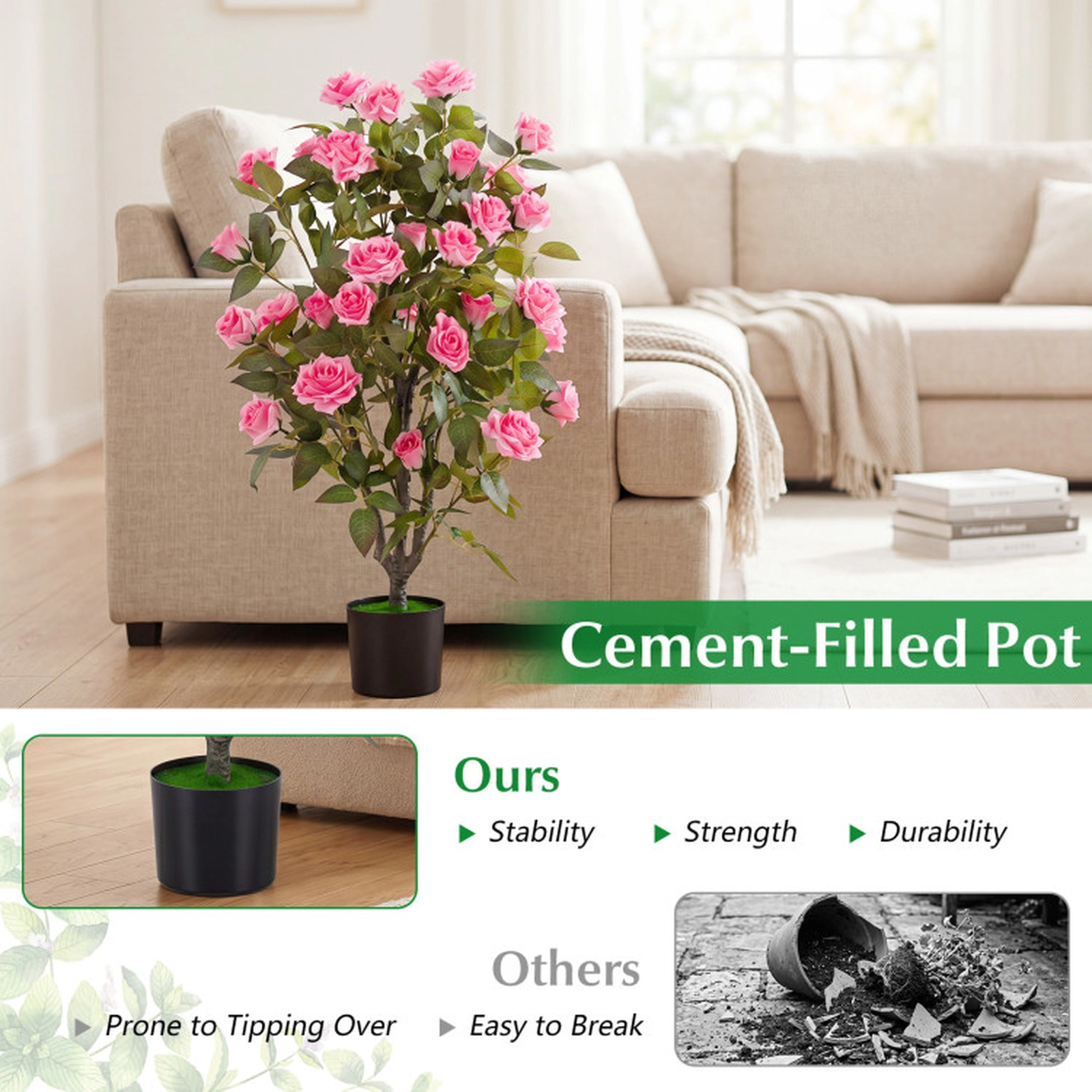 SUGIFT Set of 2 35.5-in 32 Blooms Silk Petals PE Trunks Artificial Rose Trees 6-in x 5-in Cement Pot 13-lb Pink