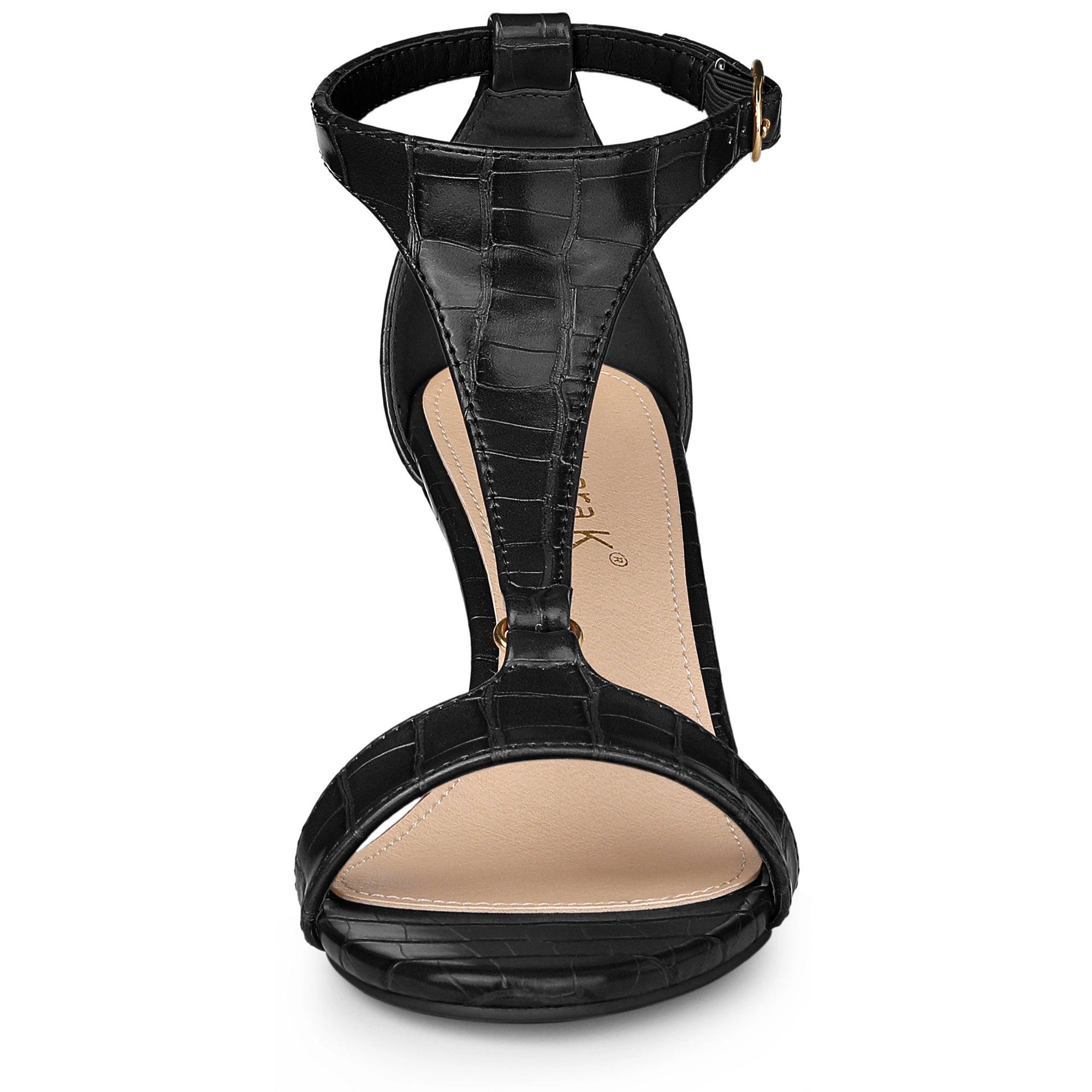 BLISSFUL STEP Women's T Strap Embossed Kitten Heel Sandals