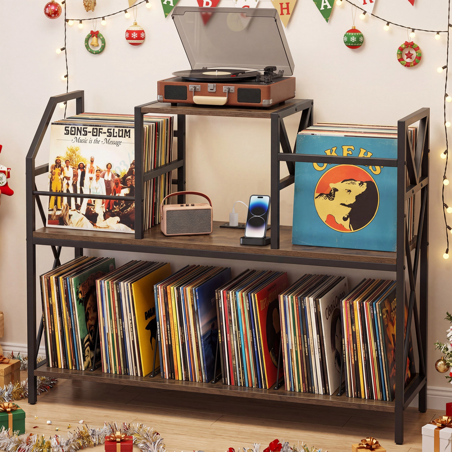 Glintex 45-Inch Record Player Stand with 6 Metal Legs and 350-Lb Capacity, Rustic Brown