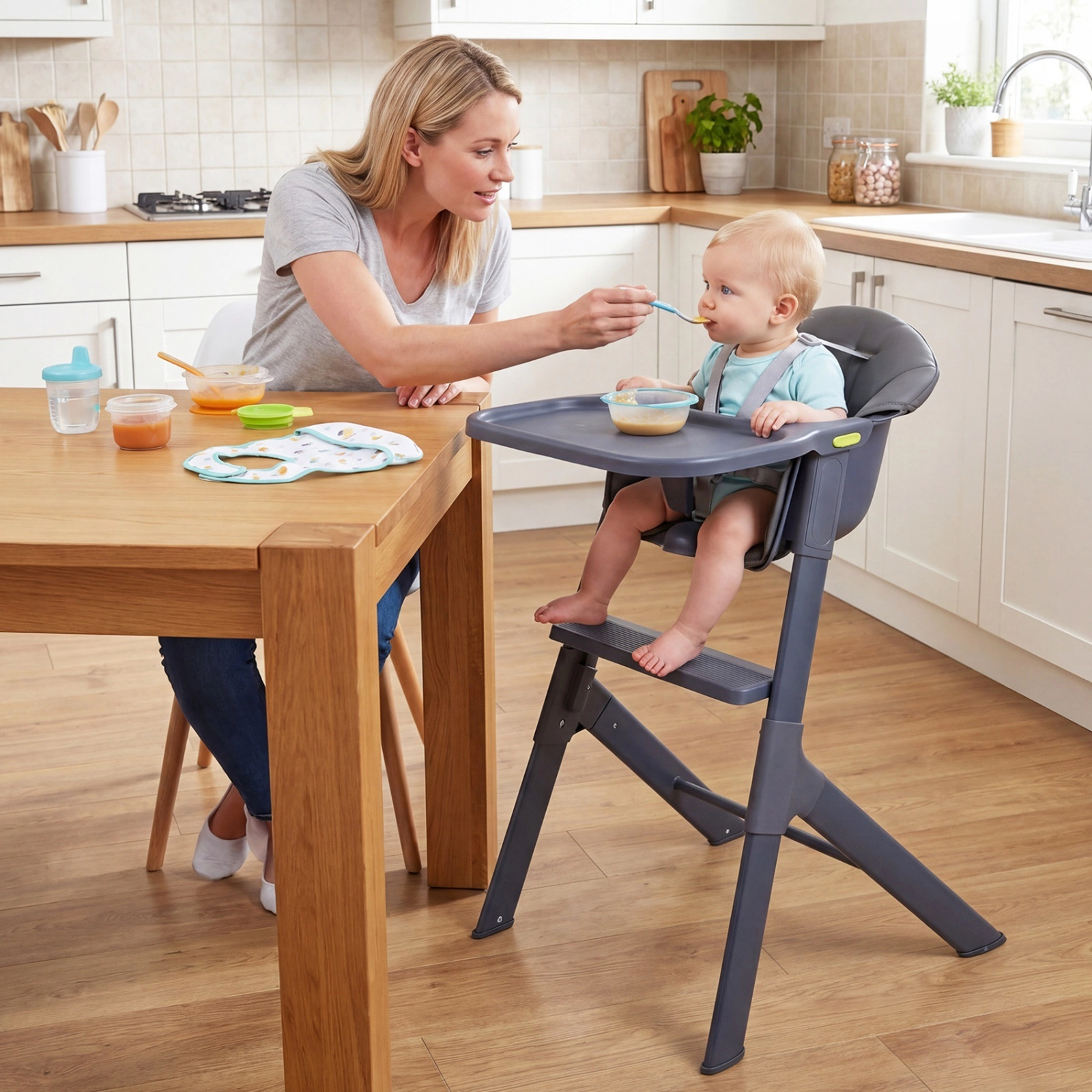 3-in-1 Washable Portable Baby High Chair Carry Handle 2-Level Tray Built-In Footrest Indoor and Outdoor Use Grey
