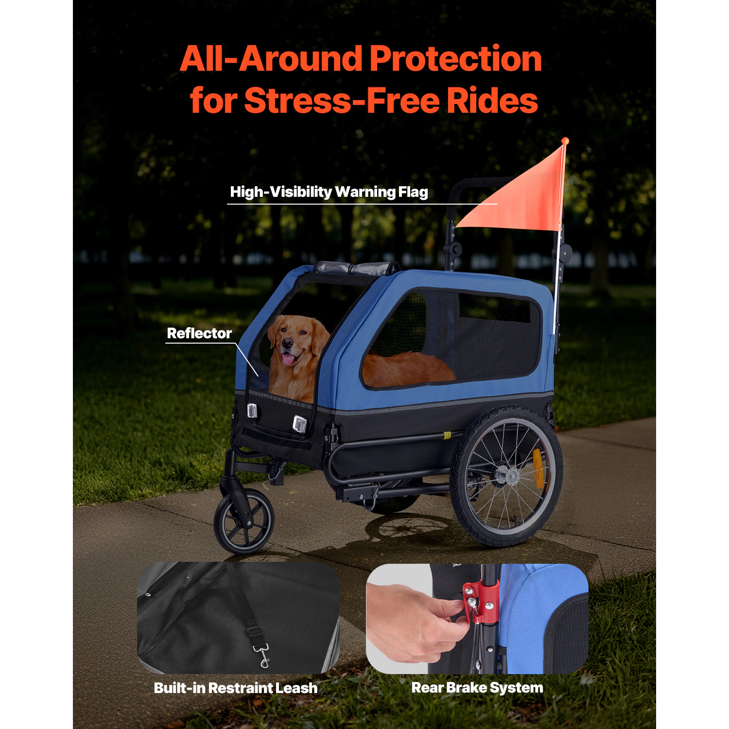 HONGGE 2-in-1 Dog Bike Trailer & Stroller, 88 lb Capacity, Built-In Leash, Foldable Frame for Large Dogs