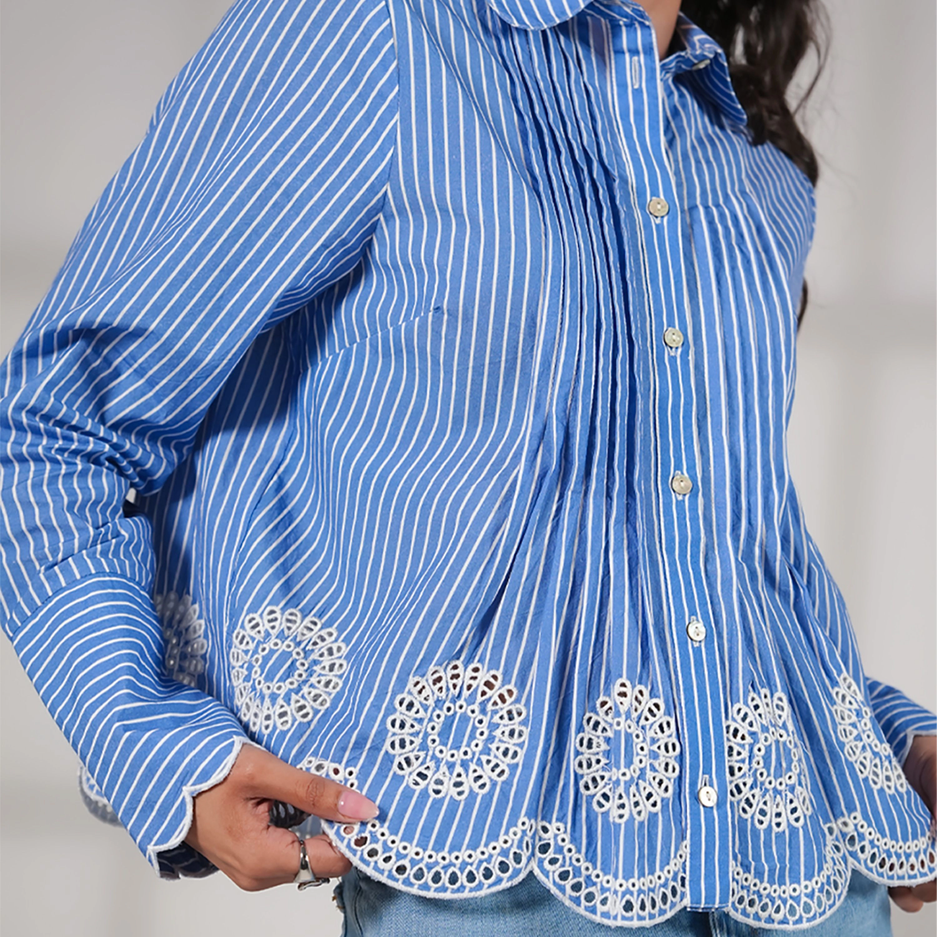 Rose & Nancy Women's Leonie Embroidery Hem Blue Stripe Shirt