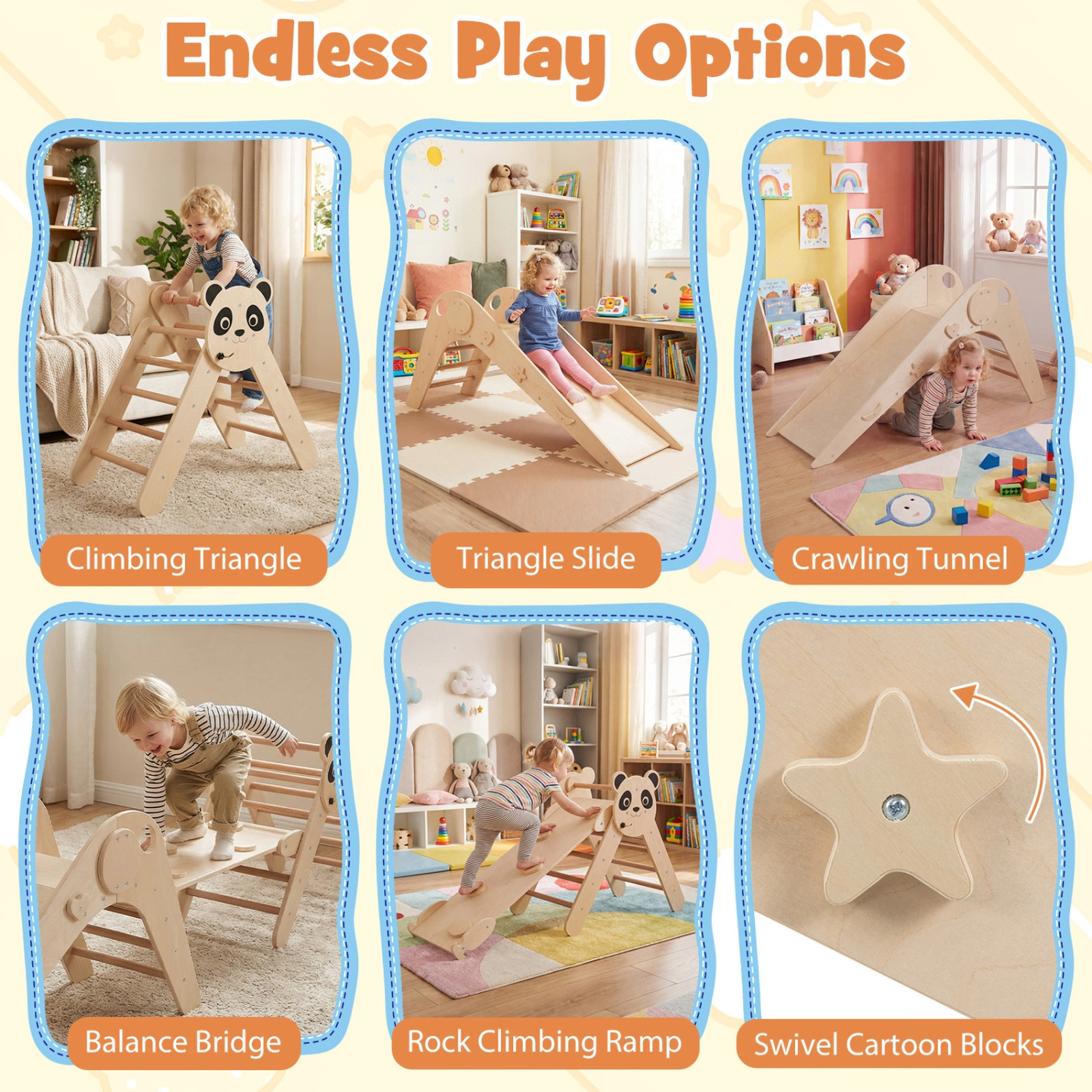 SUGIFT Foldable Panda-Themed Montessori Climbing Triangle Set with Slide and Balance Bridge 110-lb Capacity Ages 3+