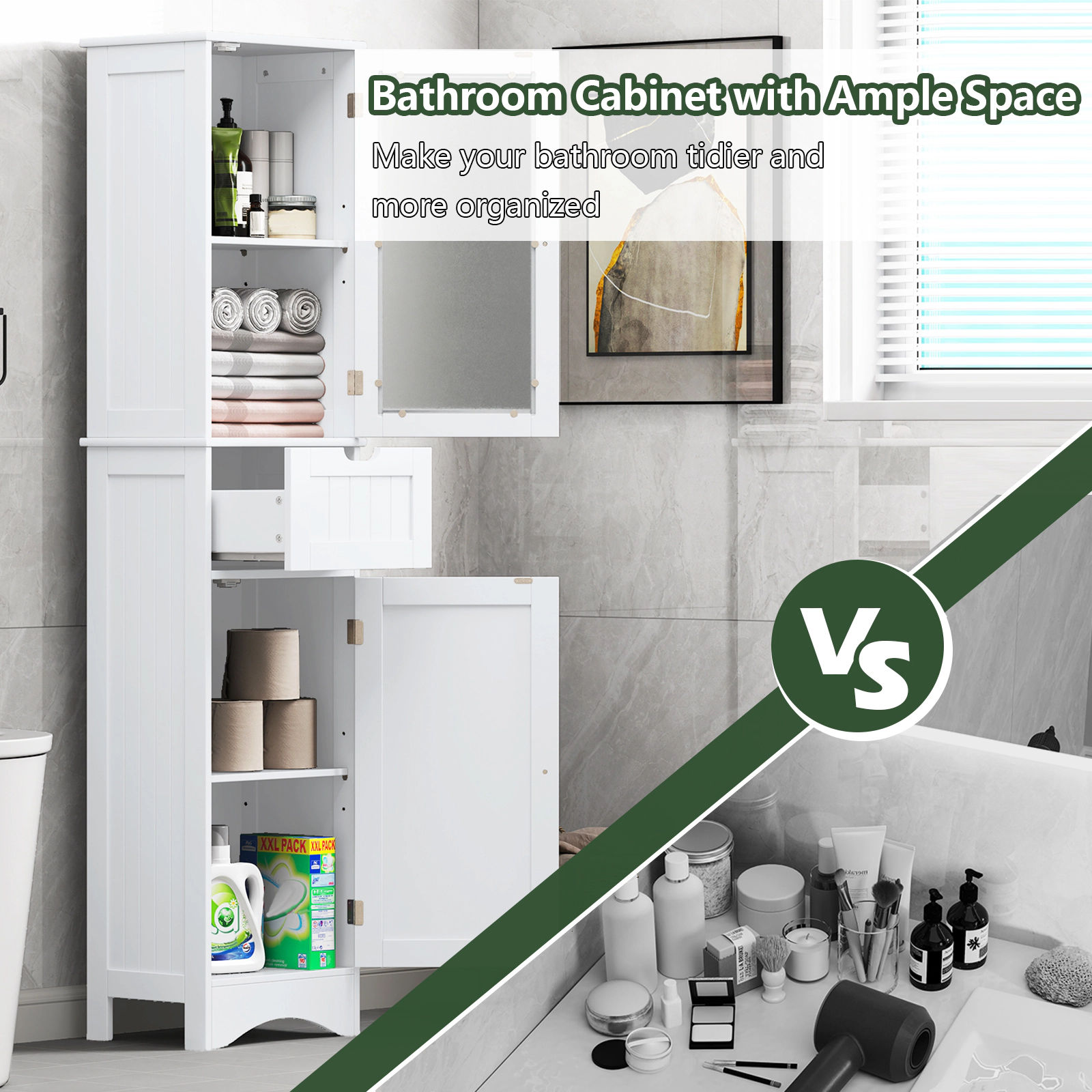 SUGIFT Tall 2-Door Drawer Tempered Glass Bathroom Floor Storage Cabinet 16-in x 12-in x 67-in 33-lb per Shelf White