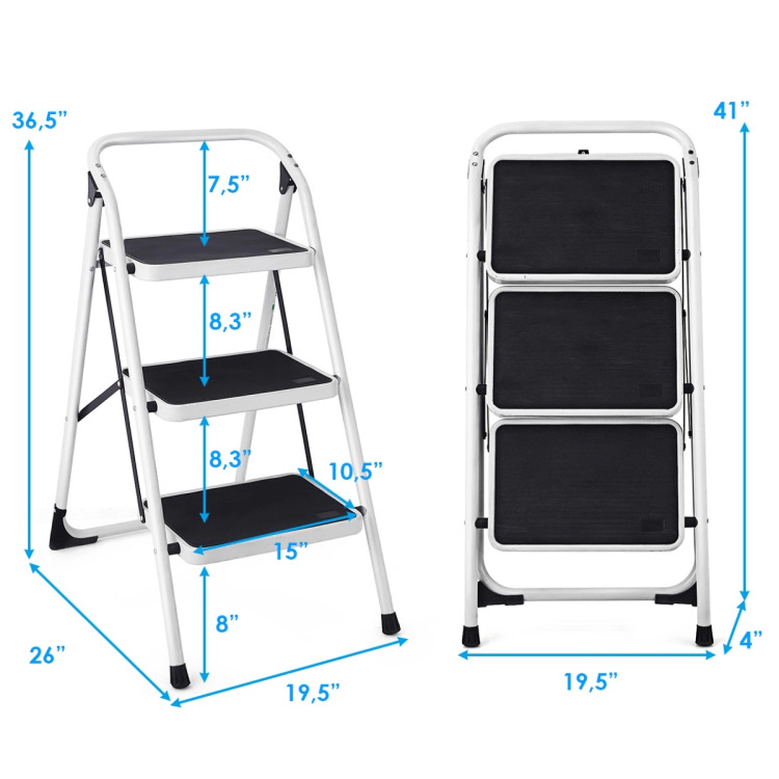 SUGIFT Folding 3-Step Iron Ladder Step Stool Anti-Slip 15 x 10-in Treads 330-lb Capacity 19.5 x 4 x 41-in Black/White