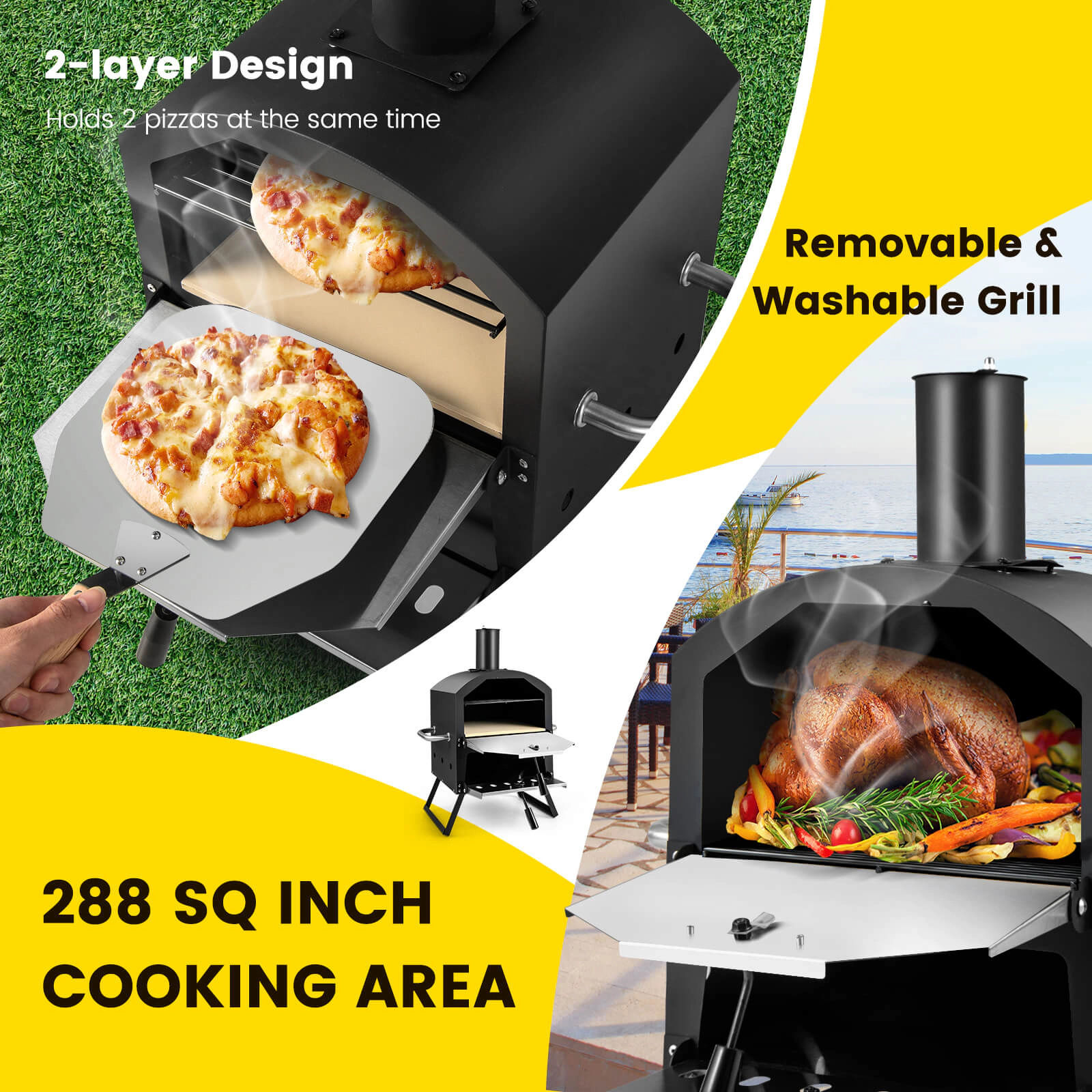 SUGIFT 2-Layer Black Outdoor Pizza Oven with 12-in Pizza Stone Foldable Legs and Anti-Scalding Handles