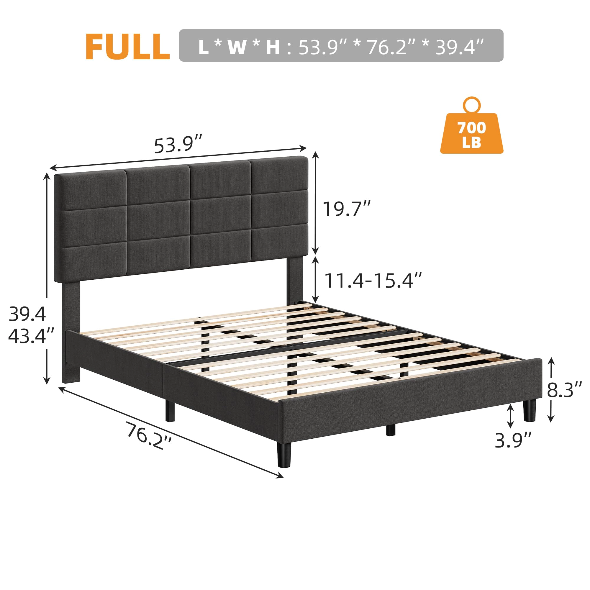 BebreezChic Grey Upholstered Full Bed Frame with Adjustable Headboard