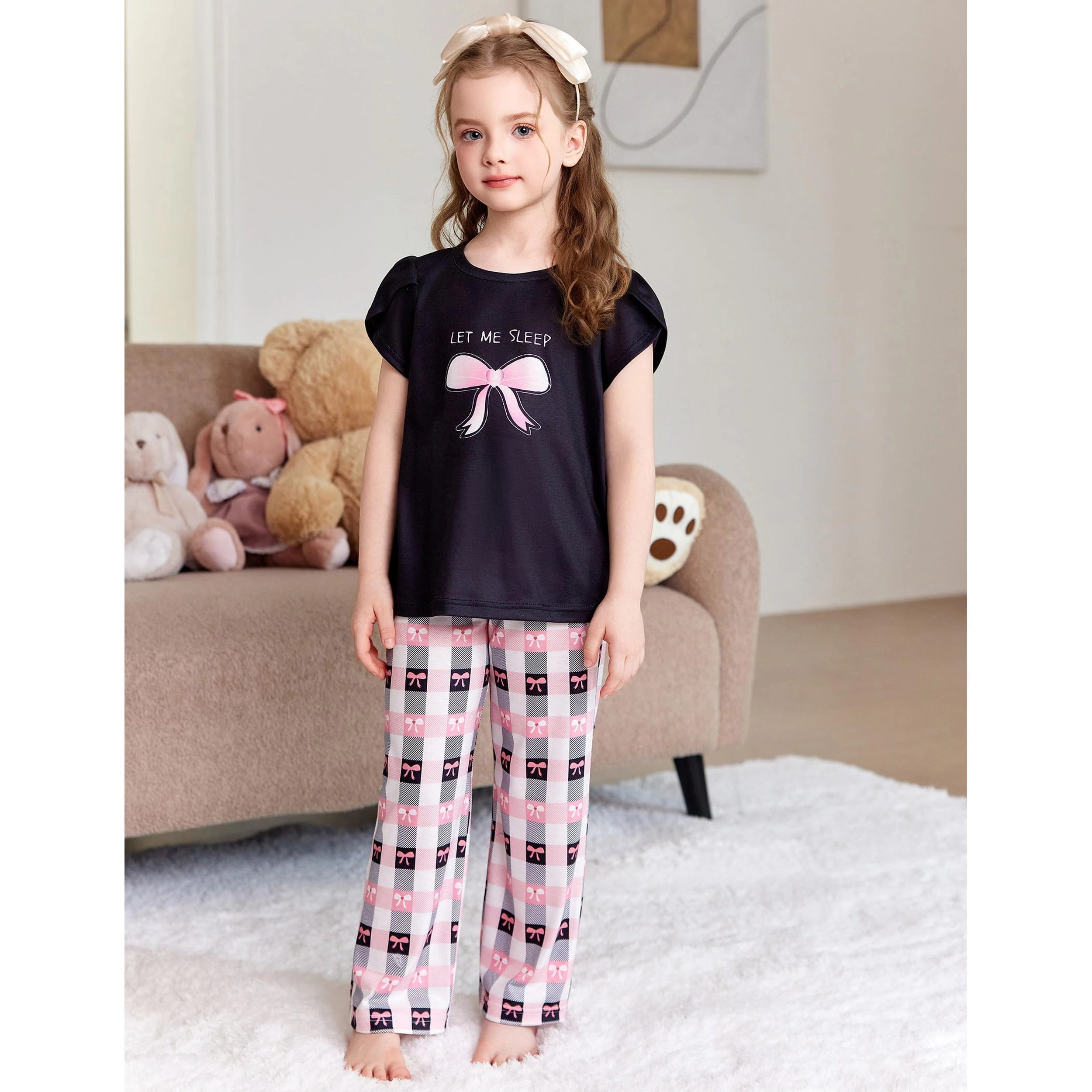 Arshiner Pajamas For Girls Short Sleeve Long Pants Cute Soft Sleepwear Lounge Sets