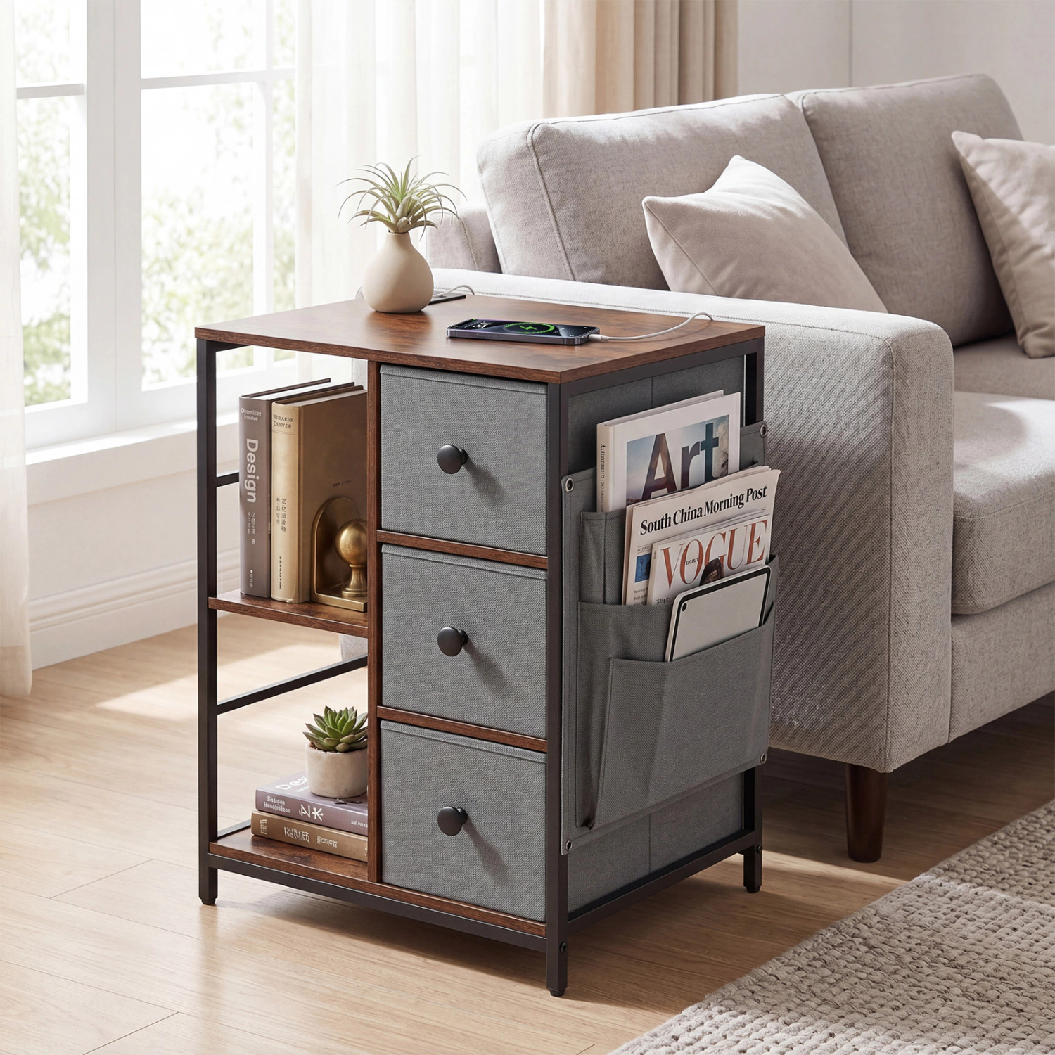 Glintex Industrial Nightstand with Charging Station Side Pockets and Drawer Stoppers, Rustic Brown